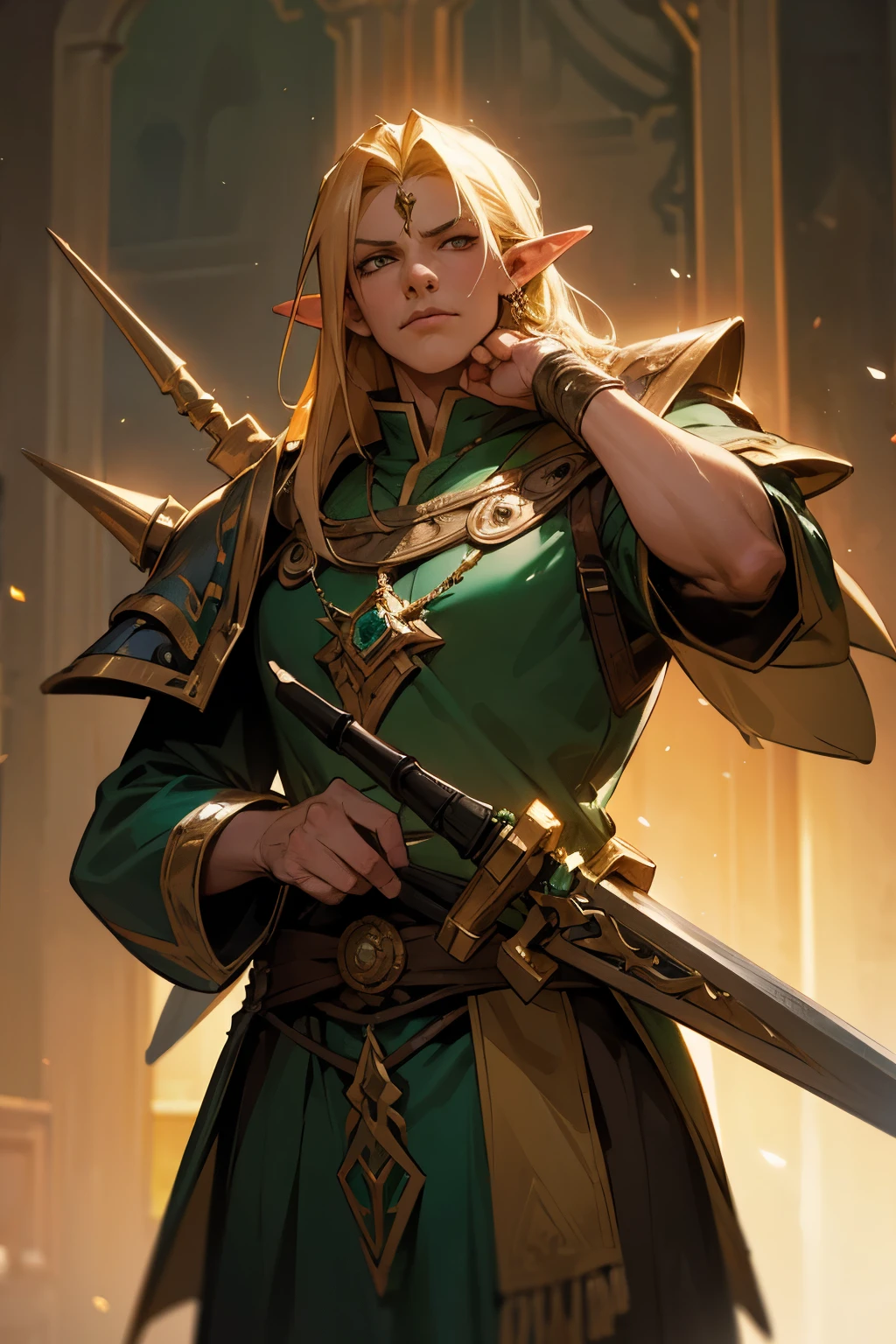 Generate an artwork inspired by the Warhammer Fantasy universe, depicting an elven character. The elf should be male, aged 96, standing at 174 cm, possessing emerald eyes, and adorned with golden blond hair. Equip the character with a sword in one hand and a hand-held dwarf pistol in the other. Immerse the scene in the distinct stylistic elements of the Warhammer Fantasy universe, capturing the dark and gritty ambiance characteristic of this fantasy realm