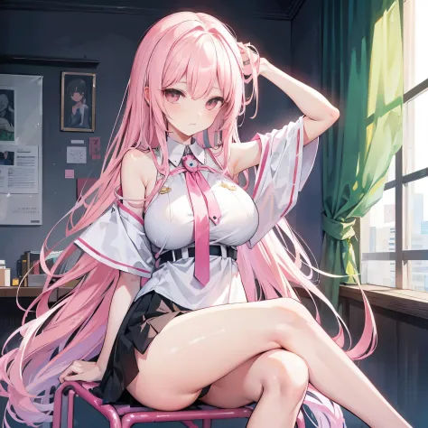 Pink White Long Hair，Microvolumes，dual horsetail，，huge tit，Pink eyes，chiquita，Hair curtains，sit on chair，In school，Holding Erlang's legare legged，close-up on legs，Long legs，A bottom-up perspective，hand on leg，，Clothes soaked with sweat，The chest  high，The ...