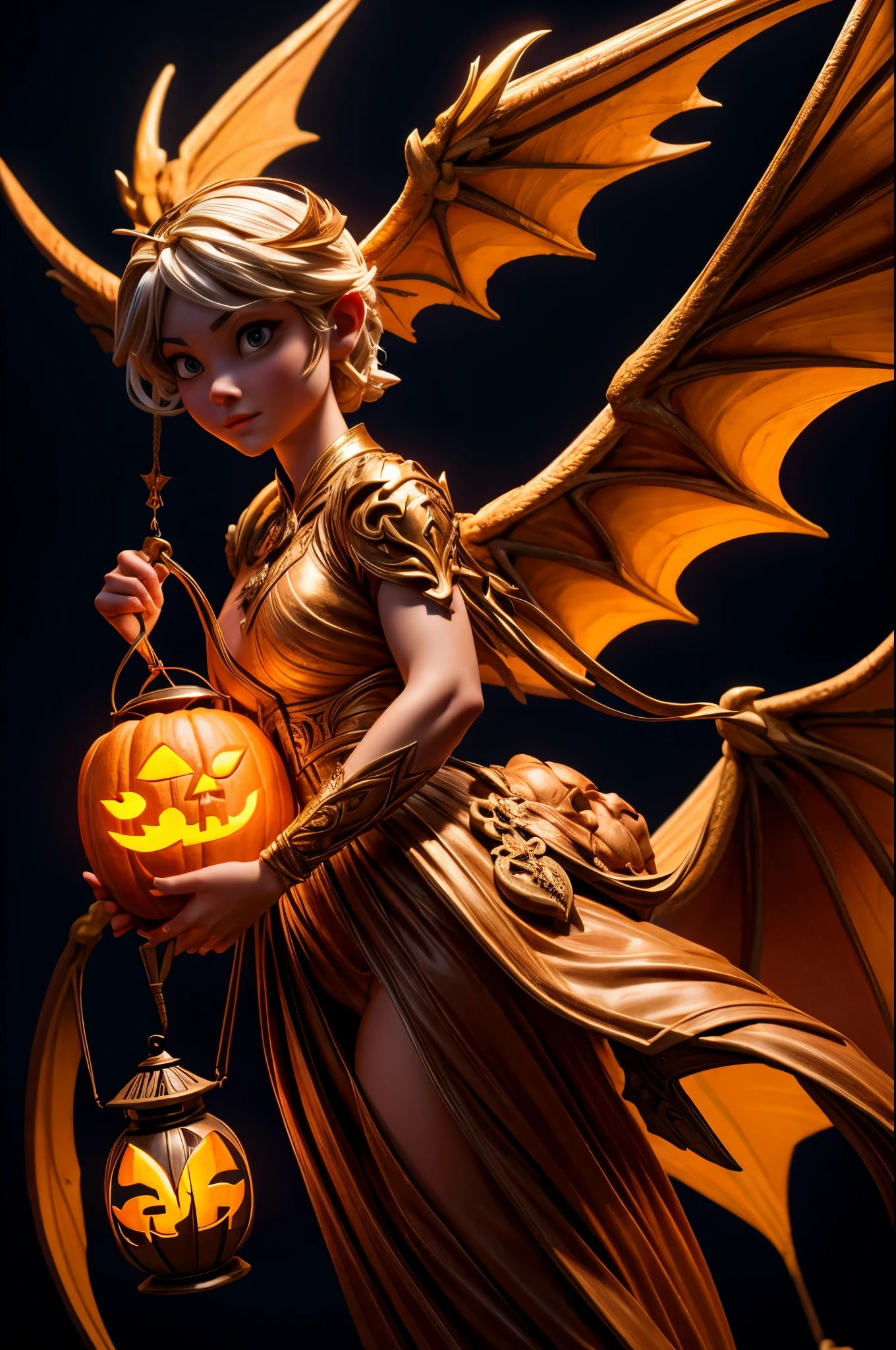 mejor calidad, 32k, foto cruda, extremadamente detallado, obra de arte, an Angel holding a artístico pumpkin lantern, la linterna tallada con un dragón, artístico, Lineas limpias, luz ambiental, fondo oscuro, encender, delicado, representación llamativa y dinámica