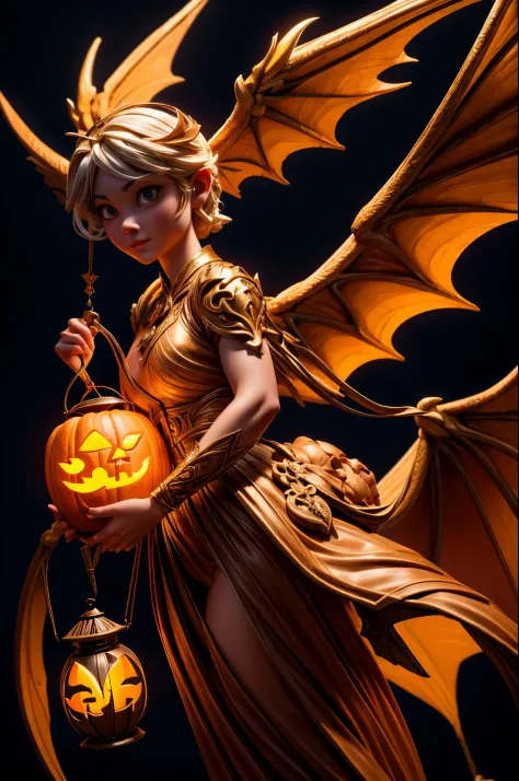 best quality, 32k, RAW photo, extremely detailed, artwork, an Angel holding a artistic pumpkin lantern, the lantern carved with ...