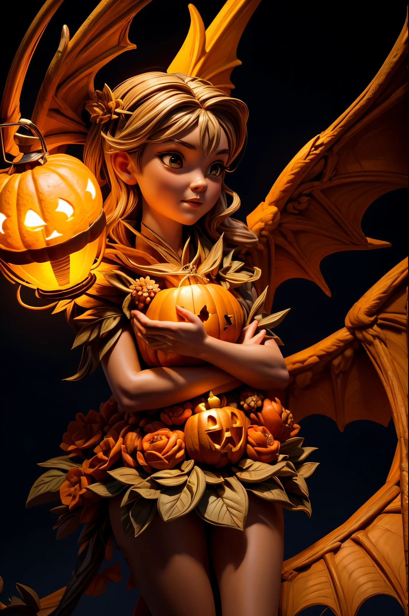 best quality, 32k, RAW photo, extremely detailed, artwork, an Angel holding a artistic pumpkin lantern, the lantern carved with a dragon, artistic, clean lines, ambient light, dark background, light up, delicate, flashy and dynamic depiction