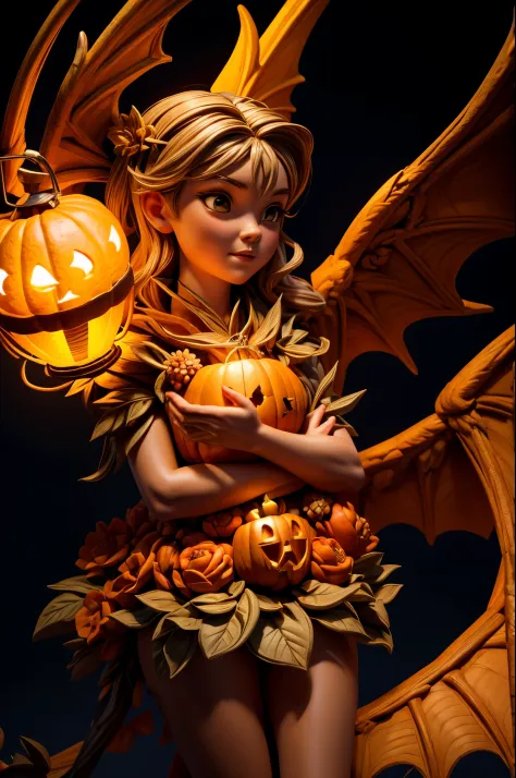 best quality, 32k, RAW photo, extremely detailed, artwork, an Angel holding a artistic pumpkin lantern, the lantern carved with ...