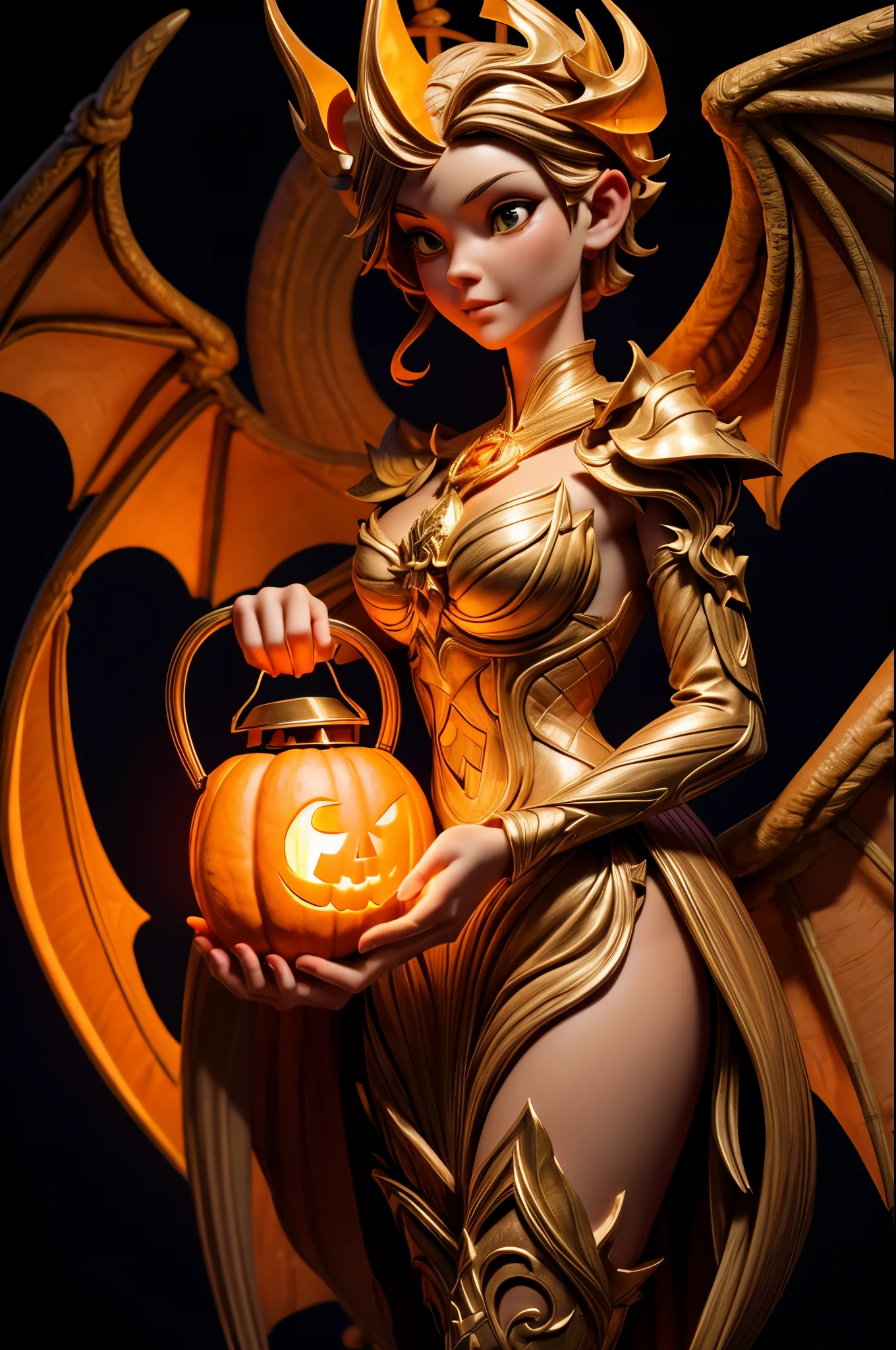 best quality, 32k, RAW photo, extremely detailed, artwork, an Angel holding a artistic pumpkin lantern, the lantern carved with a dragon, artistic, clean lines, ambient light, dark background, light up, delicate, flashy and dynamic depiction