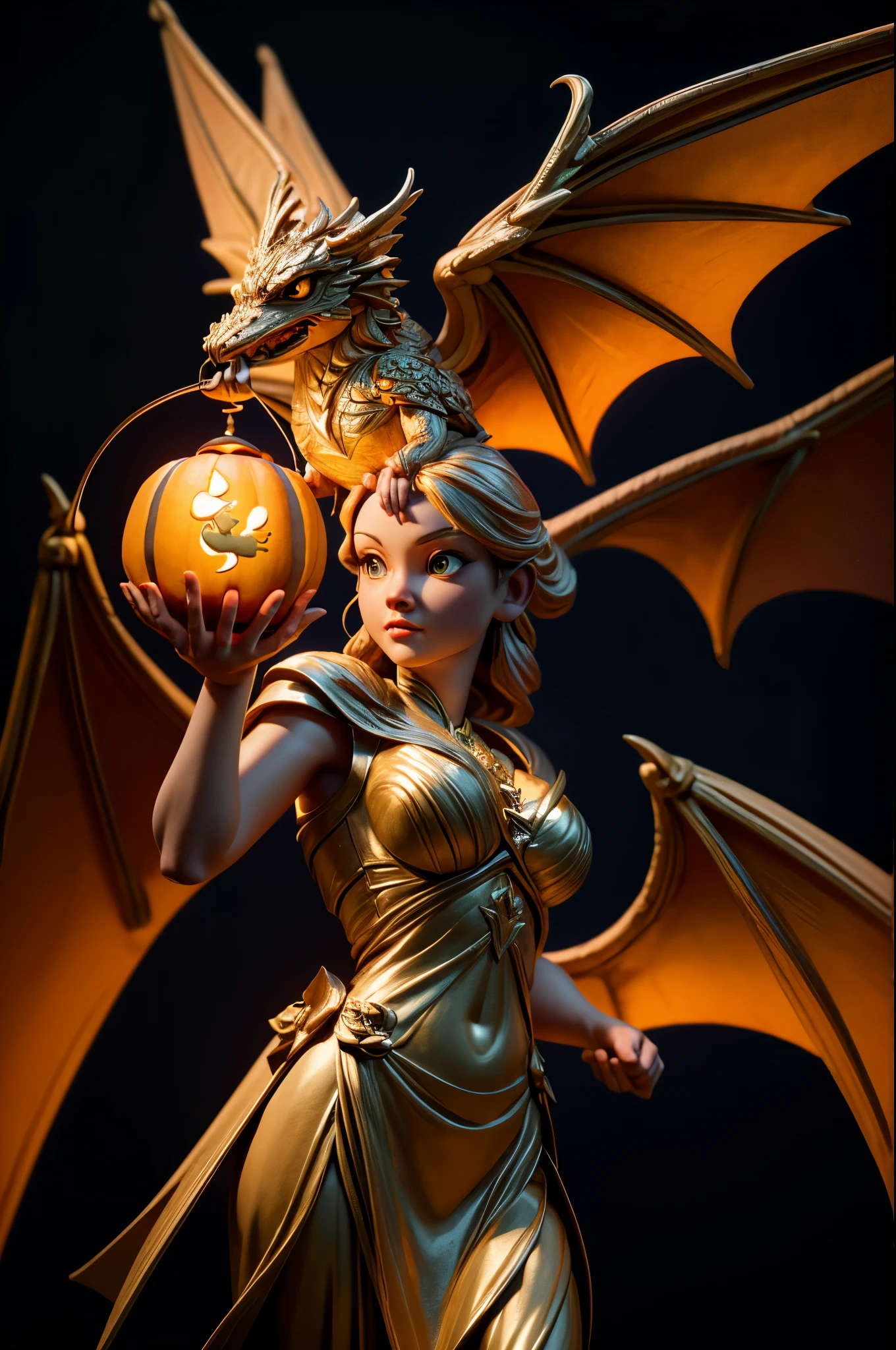 best quality, 32k, RAW photo, extremely detailed, artwork, an Angel holding an artistic pumpkin lantern, the lantern carved with a dragon, artistic, clean lines, ambient light, dark background, light up, delicate, flashy and dynamic depiction