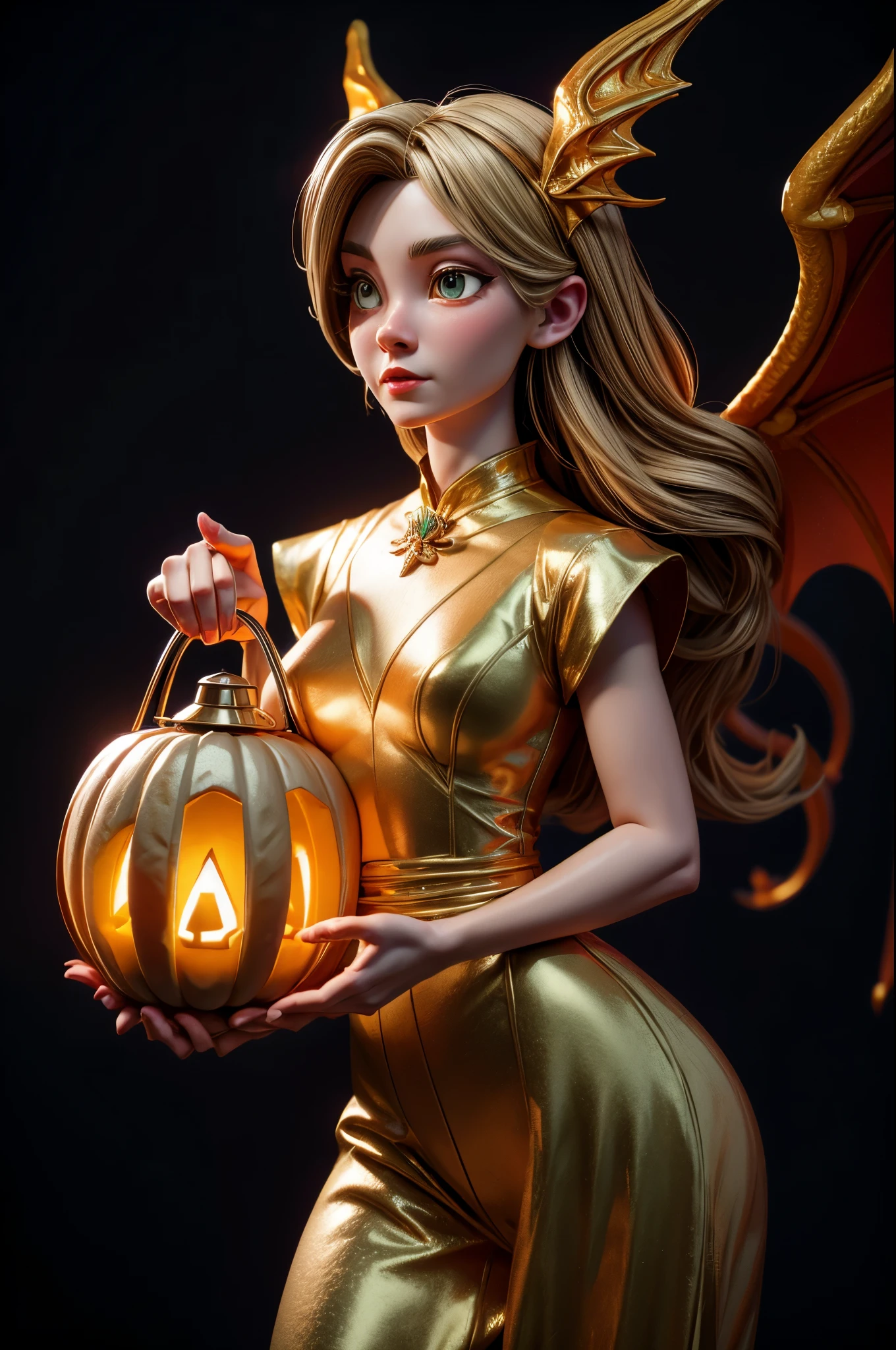 best quality, 32k, RAW photo, extremely detailed, artwork, an Angel holding an artistic pumpkin lantern, (the lantern carved with a dragon), artistic, clean lines, ambient light, dark background, light up, delicate, flashy and dynamic depiction