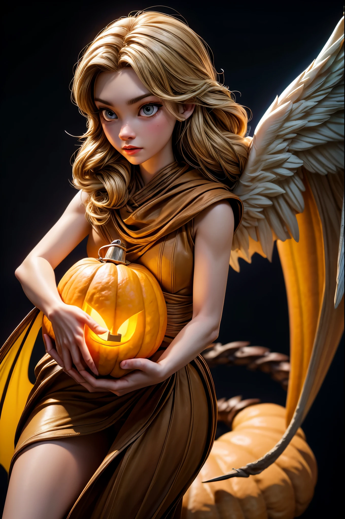 best quality, 32k, RAW photo, extremely detailed, artwork, an (Angel:1.2) holding an artistic pumpkin lantern, (the lantern carved with a dragon:1.2), artistic, clean lines, ambient light, dark background, light up, delicate, flashy and dynamic depiction