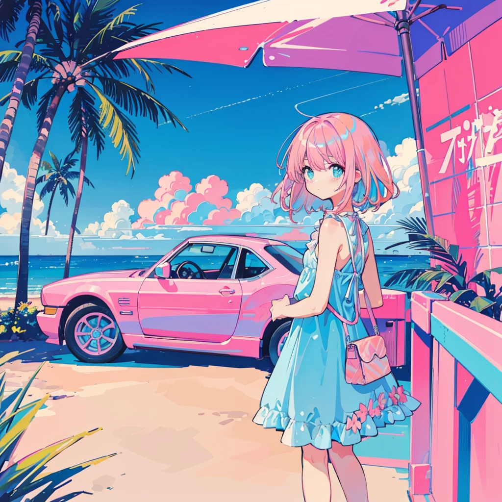 (Strand, Rosa Himmel, Palme, Blaues klassisches Auto, blaues und rosa Neon), (1 Mädchen, pinkes Haar, blaues Sommerkleid, Kawaii)