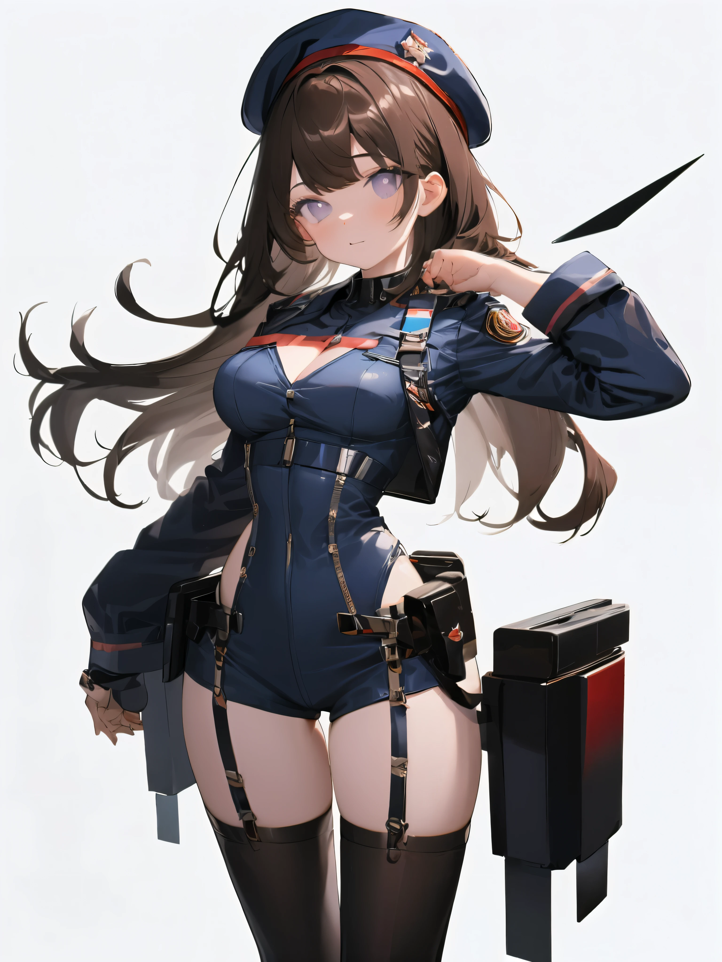 ((Best quality, 8K, Ultra-detailed, Masterpiece: 1.3)), 3 girl, Shiny skin, Sharp, Perfect body beauty, realistic shadow perfect body,("Dark grey and deep blue navy officer uniform,beret,futuristic,Transparent ":1.2),Big_Breasts ,Young girl, short girl,upper legs , indoors, White background,cleavage, standing arms down, fighter pilot harness,M legs， your ass, ("Dark Brown long hair, ahoge, black pupils dark purple eyes ,Sideswept parted hair":1.5), portrait shot,(" no background,no object":2)