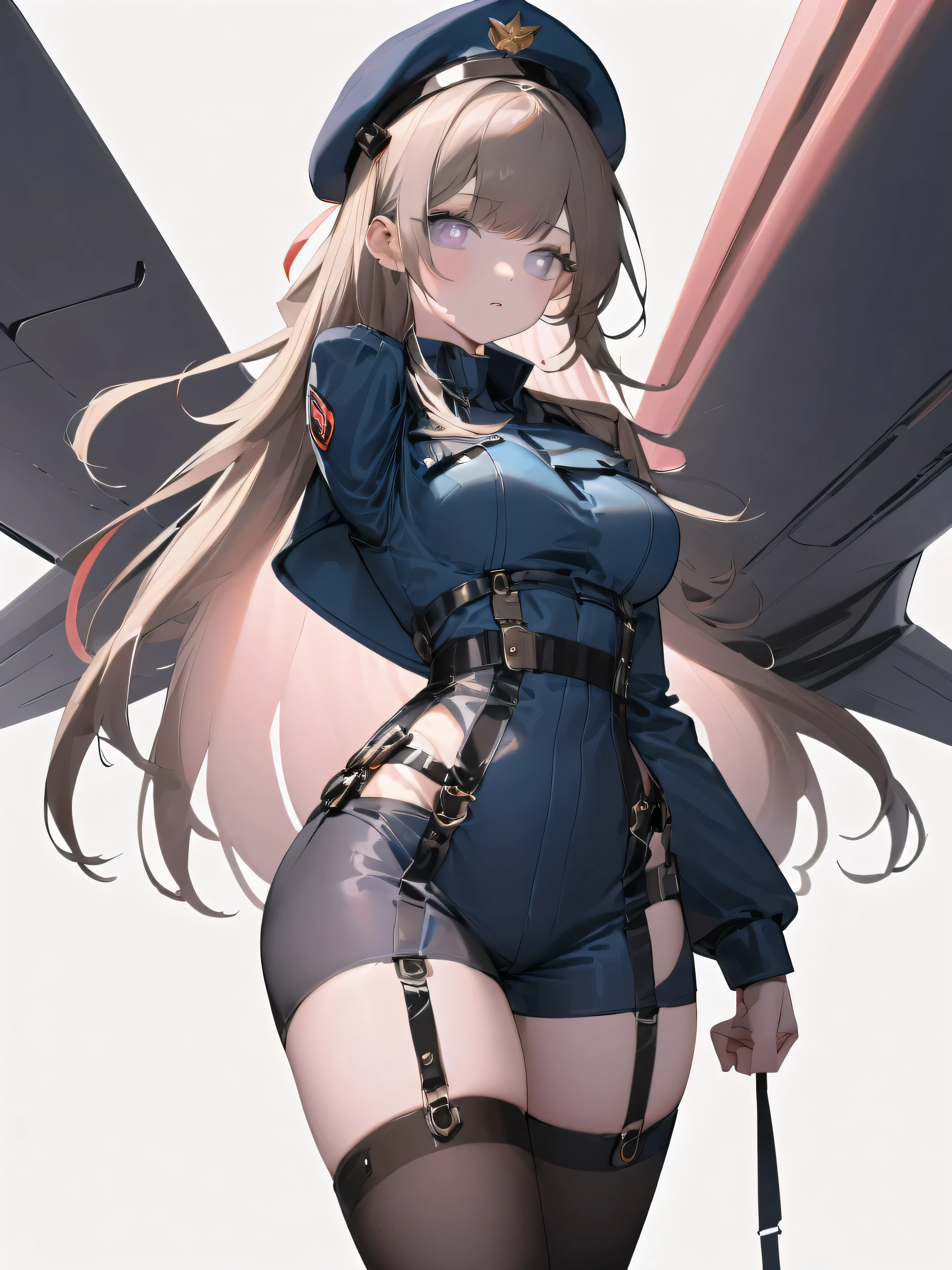 ((Best quality, 8K, Ultra-detailed, Masterpiece: 1.3)), 3 girl, Shiny skin, Sharp, Perfect body beauty, realistic shadow perfect body,("Dark grey and deep blue navy officer uniform,beret,futuristic,Transparent ":1.2),Big_Breasts ,Young girl, short girl,upper legs , indoors, White background,cleavage, standing arms down, fighter pilot harness,M legs， your ass, ("Dark Brown long hair, ahoge, black pupils dark purple eyes ,Sideswept parted hair":1.5), portrait shot,(" no background,no object":2),((light teal and light pink lighting))