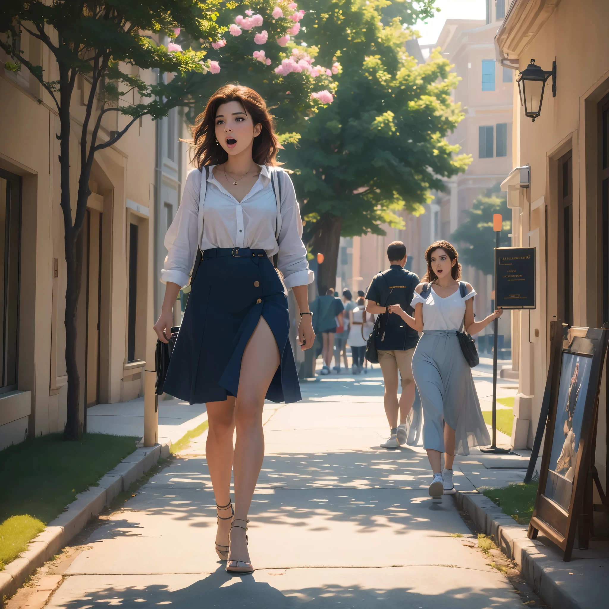 (best quality,4k,8k,highres,masterpiece:1.2),ultra-detailed, Female Italian American student, singing as she walks around campus, American campus street, American campus quad, courtyard, m4r1s4t, HDR, 8k, absurdres, cinestill 800, sharp focus