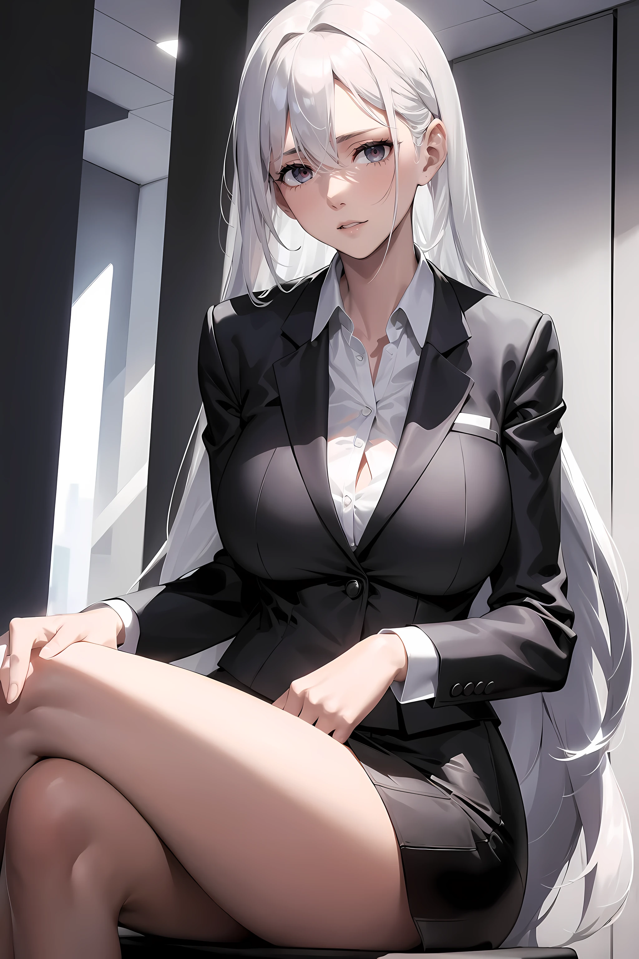 woman wearing business clothes, formal blazer, White shirt, Black high waist business skirt, black transparent link, beautiful, masterpiece, best quality, extremely detailed face, perfect lighting, beautiful hands, perfect hands, (white hair:1.2), long hair, (gray eyes:1.2), slender figure, long legs, thin, Moderate, businesswoman, CEO, Sit in a luxurious black leather office chair, Huge modern windows，Night city skyline as background