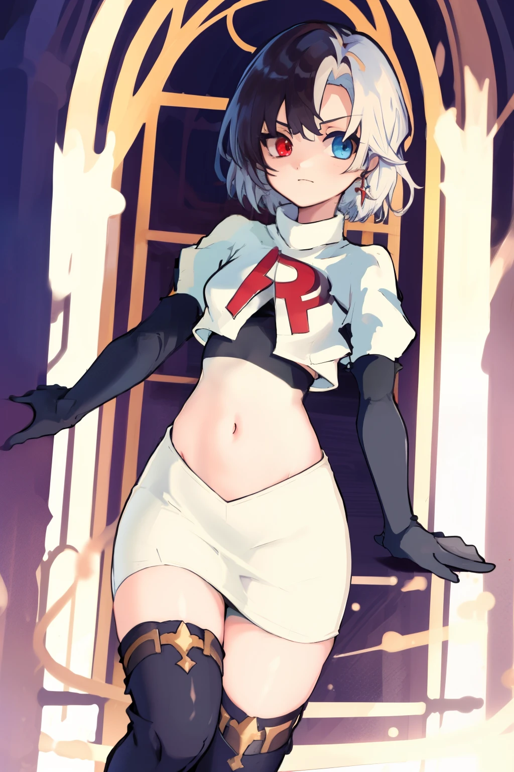 masterpiece, detailed, high quality, absurdres, penrose, 1girl, solo, heterochromia, red eyes, blue eyes, small breasts, curvy, cowboy shot, team rocket,team rocket uniform, red letter R, white skirt,white crop top,black thigh-highs, black elbow gloves,