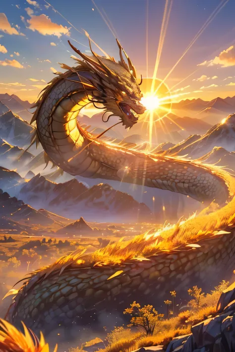 ((worst quality, low-quality)),(Golden Dragon, Golden Dragonの頭:1.3), (sunrise light, rays of the morning sun:1.4), (Beautiful ma...