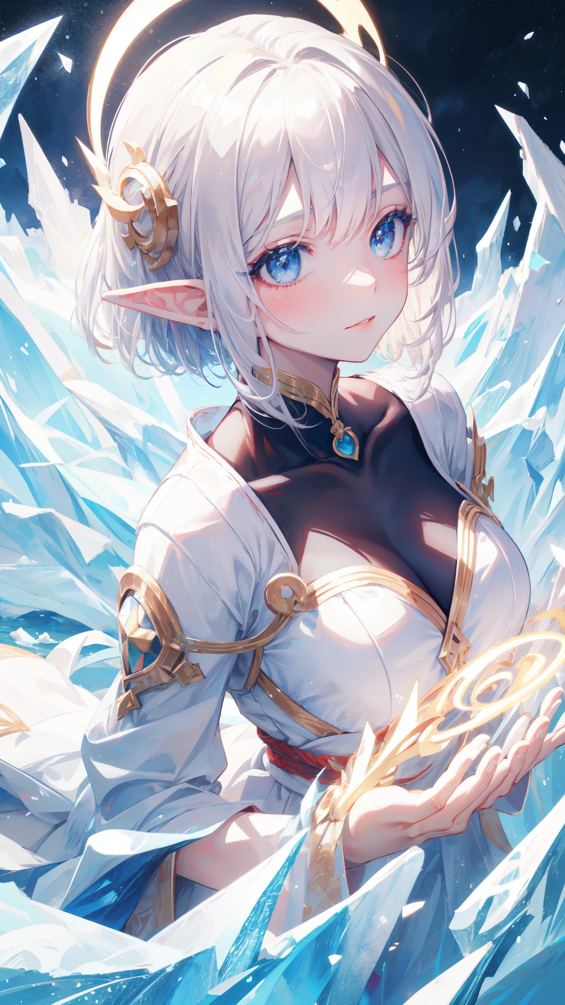 ((masterpiece )), (top quality), (best quality), ((ultra-detailed, 8k quality)), Aesthetics, Cinematic lighting, (detailed line art), Beautiful digital artwork, Exquisite digital illustration，painting, 
BREAK,
Painting of a elf girl with white hair sitting on the hill with a castle on the water，Onmyoji detailed art，barefoot, in Iceland, a beautiful artwork illustration，mythological creatures, Inspired by the mythical creature wildnet，Digital art on Pixiv，strong lights，hight contrast，outdoors, Dynamic angle, 
BREAK,
highly detailed of (elf), (1girl), perfect face, details eye, Bob cut hair, Blunt bangs, (hair between eye), blonde white hair, blue eyes, eyelashes, eyeshadow, pink eyeshadow, light smile, design art by Artgerm, by Kawacy, By Yoshitaka Amano,
BREAK, 
((perfect anatomy)), nice body, medium breast, extremely detailed finger, best hands, perfect face, beautiful face, beautiful eyes, perfect eyes, perfect fingers, correct anatomy, 
BREAK,
tree, lake, mountain, tundra, ice, mountains of snow, northern lights, blizzard, cold, frost, Broken Glass effect, no background, stunning, something that even doesn't exist, mythical being, energy, molecular, textures, iridescent and luminescent scales, breathtaking beauty, pure perfection, divine