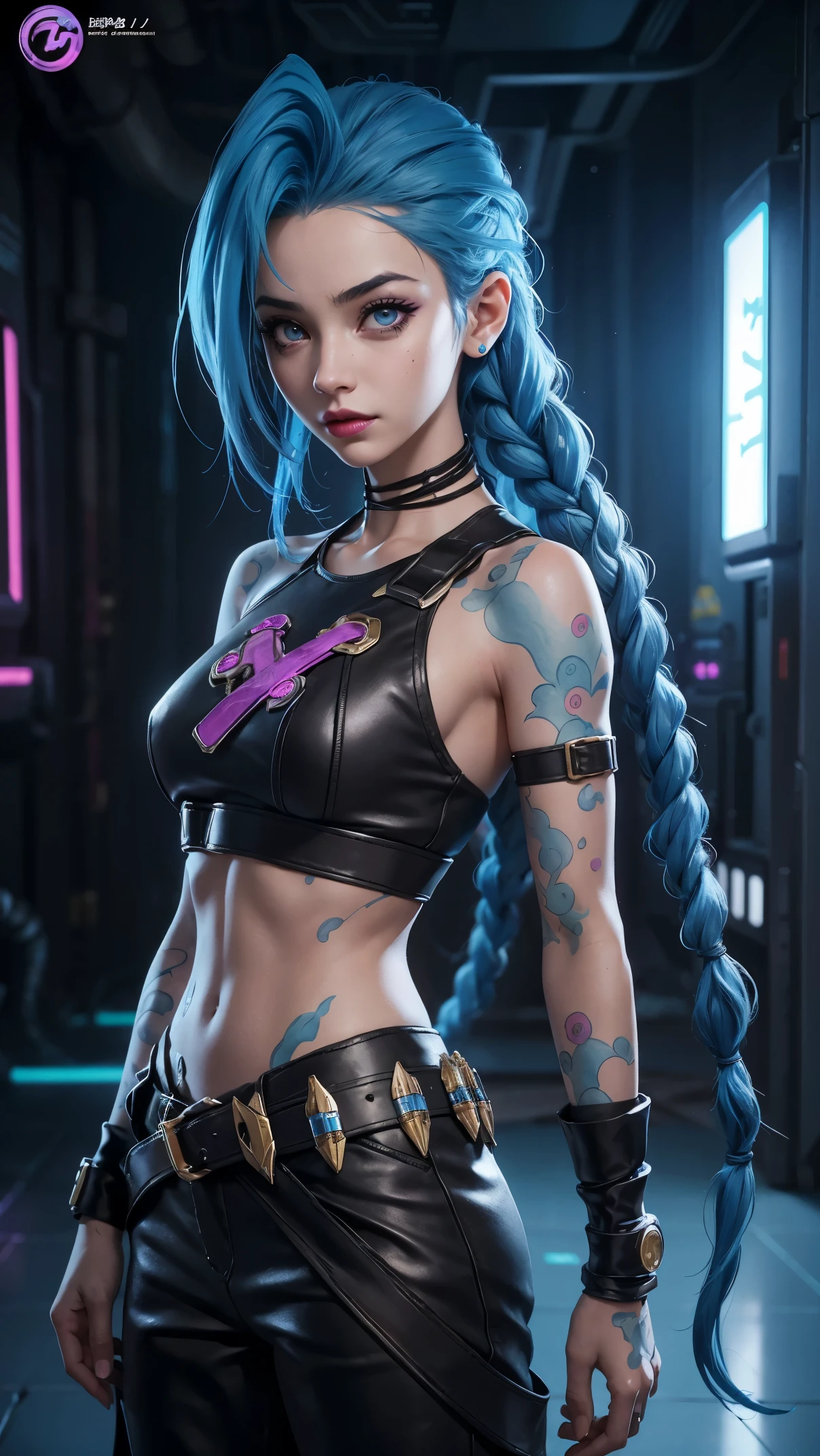 jinx arcane, uma mulher com hair blue e tatuagens, cyberpunk woman anime woman, pants, Beautiful angry cyberpunk goddess, cyberpunk artstyle, cyberpunk anime digital art, cyberpunk anime art, Arcane Jinx Retrato, cyberpunk anime art, cyberpunk themed art, cyberpunk dark fantasy, arcane style, 1 girl, cloud tattoo on the arm, asymmetrical bangs, bangss, hair blue, blue braids, brown shirt, cloud tattoo, sideways, hair blue, long hair, pink eyes, Red lips, standing , cloud tattoo, Twin braids. Arcane Jinx. Jinx in a burning place, spark, spheres of light, Film Poster, Jinx, Arcane\(league of legends\