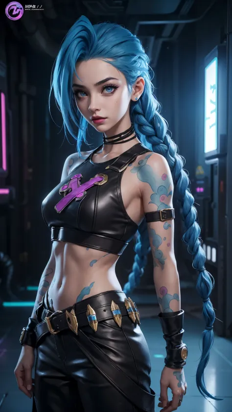 jinx arcano, uma mulher com cabelo azul e tatuagens, mulher cyberpunk mulher anime, pants, Deusa cyberpunk raivosa bonita, estil...