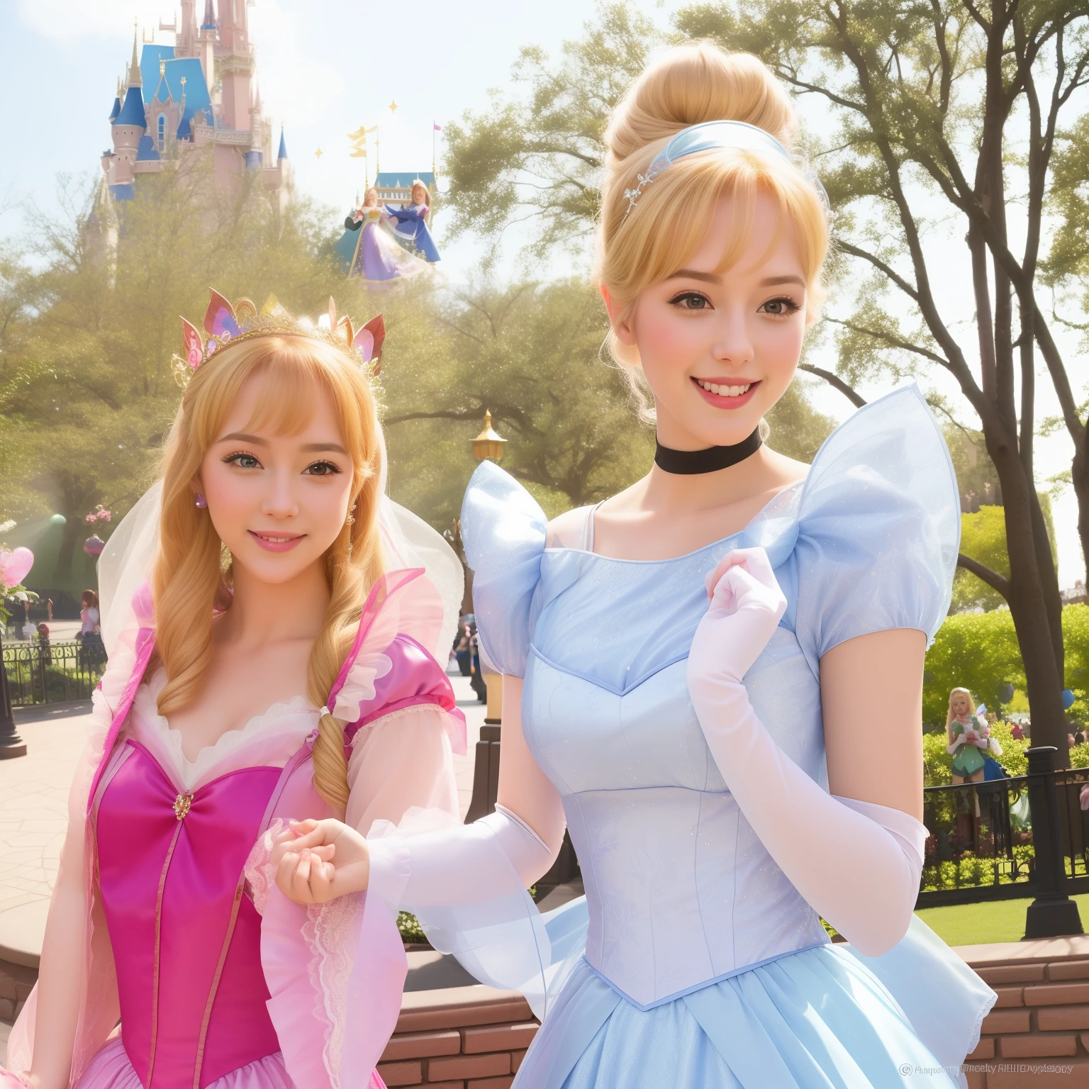 Two women dressed in costumes posing for a photo in front of a castle -  SeaArt AI