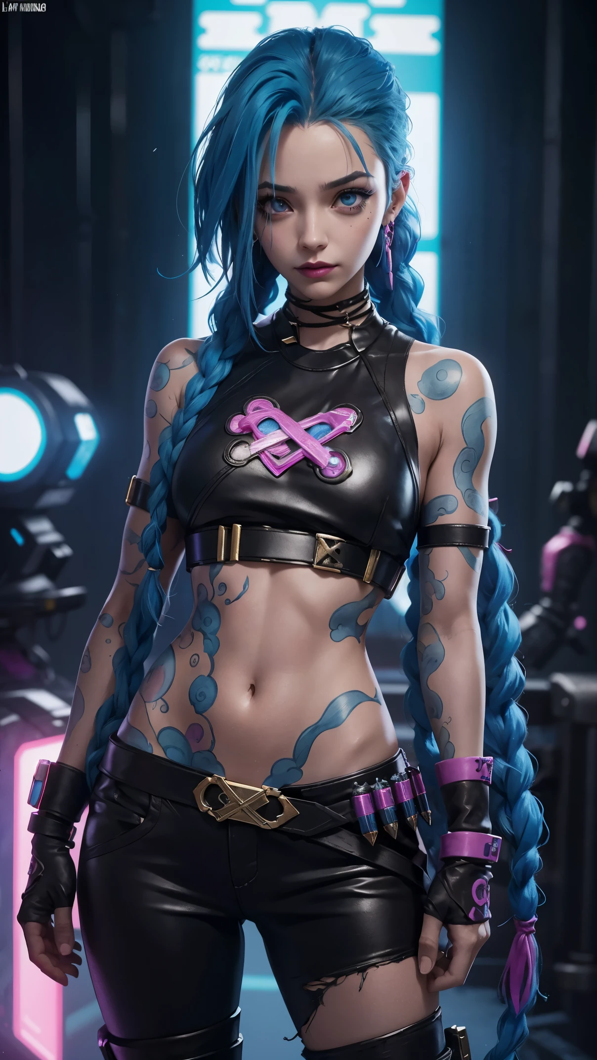 jinx arcano, uma mulher com cabelo azul e tatuagens, mulher cyberpunk mulher anime, pants, Deusa cyberpunk raivosa bonita, estilo de arte cyberpunk, arte digital de anime cyberpunk, arte de anime cyberpunk, Arcane Jinx Retrato, arte de anime cyberpunk, arte com tema cyberpunk, cyberpunk fantasia sombria, estilo arcano, 1 garota, cloud tattoo on the arm, asymmetrical bangs, franja, cabelo azul, blue braids, camisa marrom, tatuagem de nuvem, lateralmente, cabelo azul, cabelo longo, olhos cor de rosa, Red lips, standing , tatuagem de nuvem, Twin braids. Jinx de arcano. Jinx em um lugar em chamas, spark, esferas de luz, Film Poster, Jinx, Arcane\(Liga das Lendas\