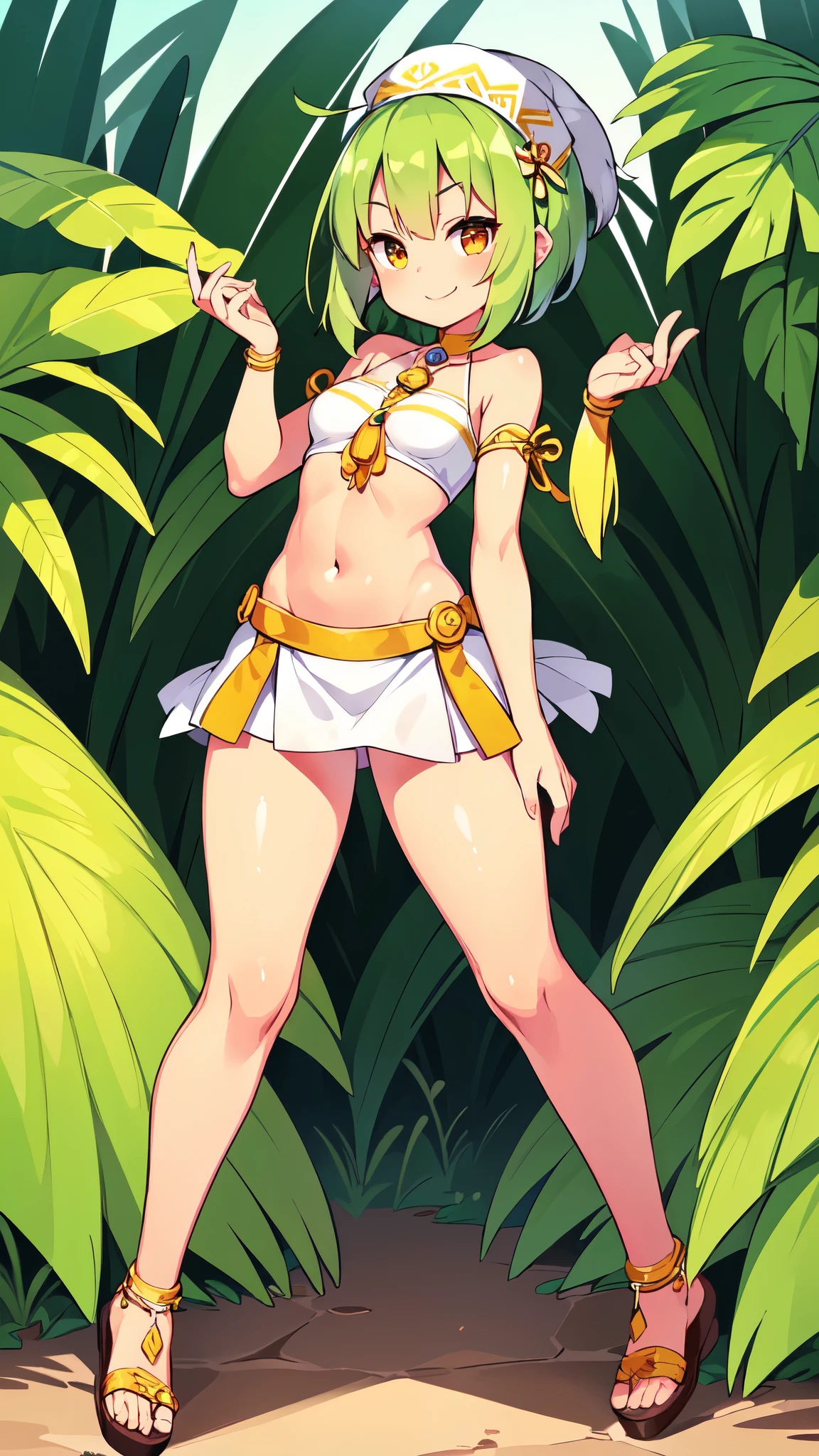 Girl, ((adult 20years)), tanned skin, Green hair, Orange eyes, small breasts, long spiky hairstyle, full body, ((white aboriginal skirt, white aboriginal top, Aboriginal jewelry on the neck on the legs on the arms, feathered headwear, sandals)), jungle, clear sky, detailed body, detailed face, detailed eyes, glistering body, shiny body, gorgeous body, masterpiece, high quality, standing, looking at you, smilling,