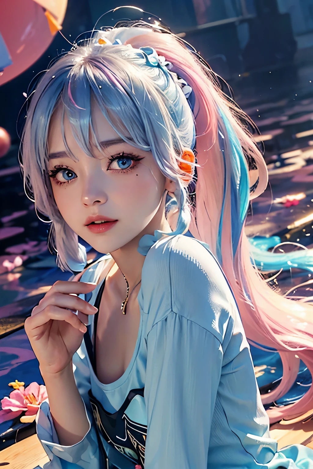 （Pink fashion T-shirt：1.9），Blue-white hair, high ponytail（There are two strands of white hair on both sides of the ears，Wear pink headbands on both sides of the ears）, （Draw an ing：1.6），street, lights, big eyes, crystal clear eyelue-white high ponytail：1.7）, Exquisite makeup, shut up,(Little fresh: 1.5),(: 1.6) ，long eyelashes, Pink off-bshoulder T-shirt, pink miniskirt，looking at the audience（happy expression）, 水汪汪的big eyes, (rainbow colored hair：1.6), 色彩飞splash, （alone：1.8）, 色彩飞splash, Color explosion, Thick draw a Style, Messy lines, ((shining))，(rich and colorful), (rich and colorful), (rich and colorful), rich and colorful, Thick draw a Style, (splash) (Color splash), Vertical Draw an ing, upper part of body, 画一 splash, acrylic paint, Highest image quality, best quality, masterpiece, alone, depth of field, Face draw one, rich and colorful clothes, (elegant: 1.2), gorgeous one,long blue white hair, wind, (elegant: 1.etal: 1.4)，(((masterpiece))),(((best quality))),((Super detailed)),(light),(dynamic angle),((floating)),((disheveled hair)),(alone),(1 girl) , (((Detailed face Beautiful detailed face)),collar,bshoulder,((rich and colorful hair)),((striped hair)),beautiful eyes,(Poe color eyes),(((rich and colorful eyes))),(((rich and colorful background))),(((high saturation))),(((surrounded by rich and colorful splashes))),very happily