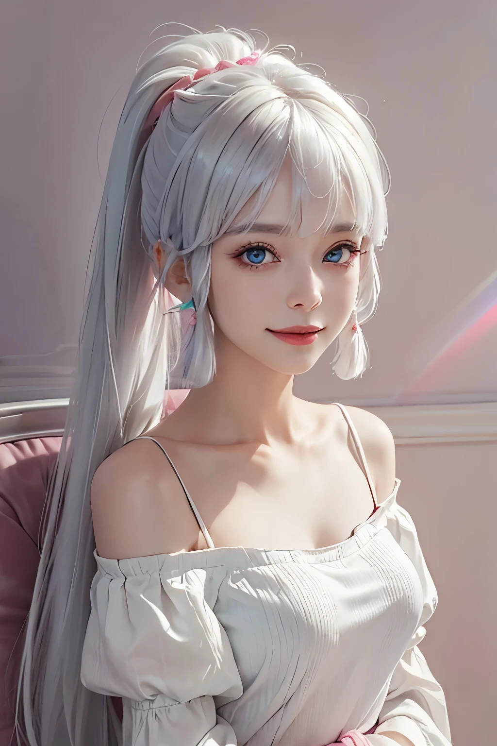 Super quality, (8k, original photo, actual), Detailed and delicate depictions and gorgeous and dynamic painting techniques, white hair，high ponytail,（There are two strands of white hair on both sides of the ears，Wear pink headbands on both sides of the ears），very beautiful woman, annoying expression, Shining blue eyes, big , he himself, elongated, red pink lips, Wearing a pink off-the-shoulder T-shirt,  Background colorful wall, rainbow colors, Professional flare lighting，smile very happily