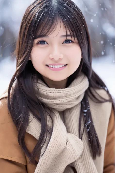 Slender Japanese woman looking at the camera、cute face、smile、Snow in the background、High resolution、High-definition images