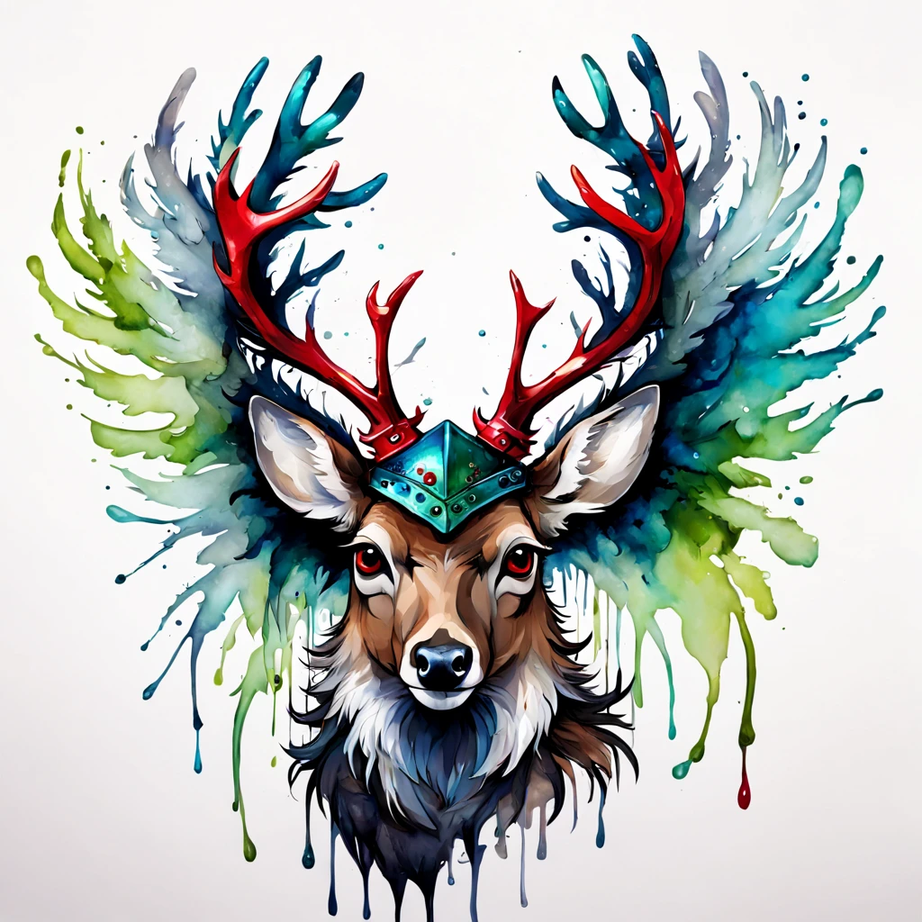 deer with dark gray fur and white feathers with feathered wings and red feathered cap and green-blue antlers made of snot that sweep back and droop down, in alcohol ink art style