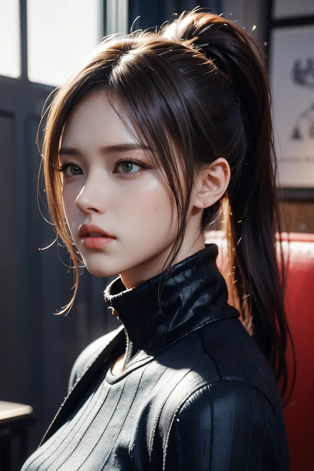 Game art，The best picture quality，Highest resolution，8K，((A bust photograph))，((Portrait))，(Rule of thirds)，Unreal Engine 5 rendering works， (The Girl of the Future)，(Female Warrior)，22岁少女，(A long ponytail hairstyle with shades of red and blue)，(A beautiful eye full of detail)，(Big breasts)，优雅迷人，微笑，(皱眉)，(Clothes full of futuristic sci-fi style，Sweater，A delicate pattern，Glittering jewels)，赛博朋克人物，未来风格， 拍照姿势，街道背景，Movie lights，Ray tracing，Game CG，((3D Unreal Engine))，oc渲染反射纹