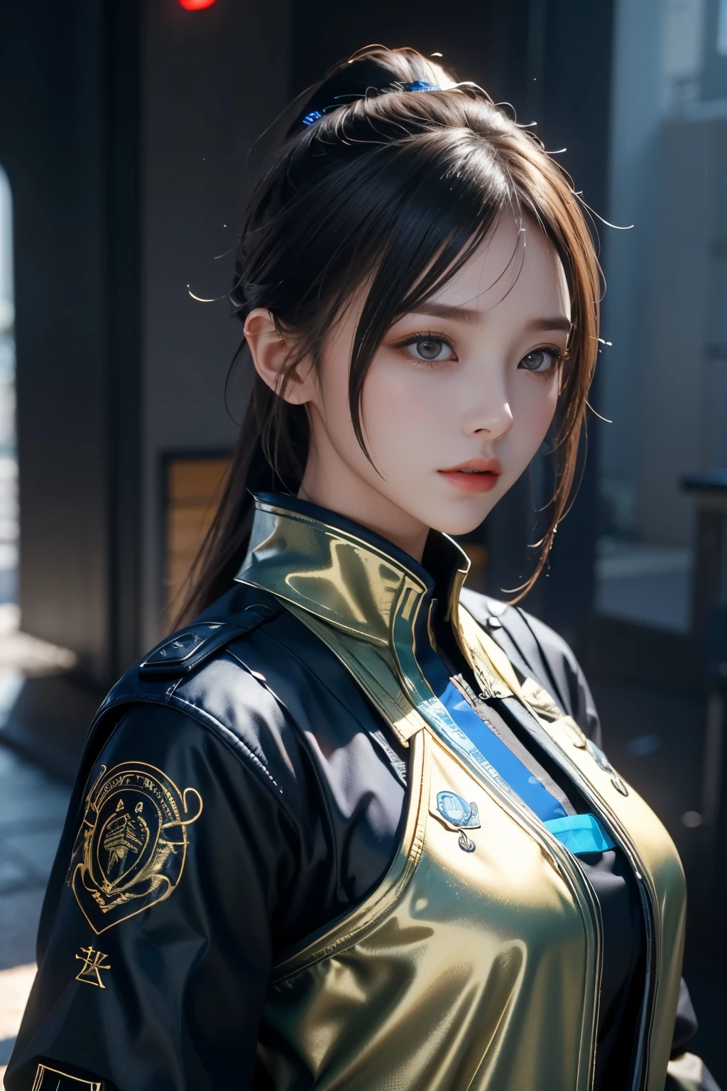Game art，The best picture quality，Highest resolution，8K，((A bust photograph))，((Portrait))，(Rule of thirds)，Unreal Engine 5 rendering works， (The Girl of the Future)，(Female Warrior)，22-year-old girl，(A long ponytail hairstyle with shades of red and blue)，(A beautiful eye full of detail)，(Big breasts)，Elegant and charming，Smile，(frown)，(Clothes full of futuristic sci-fi style，Sweater，A delicate pattern，Glittering jewels，Armor)，Cyberpunk Characters，Future Style， Photo poses，Street background，Movie lights，Ray tracing，Game CG，((3D Unreal Engine))，oc rendering reflection pattern