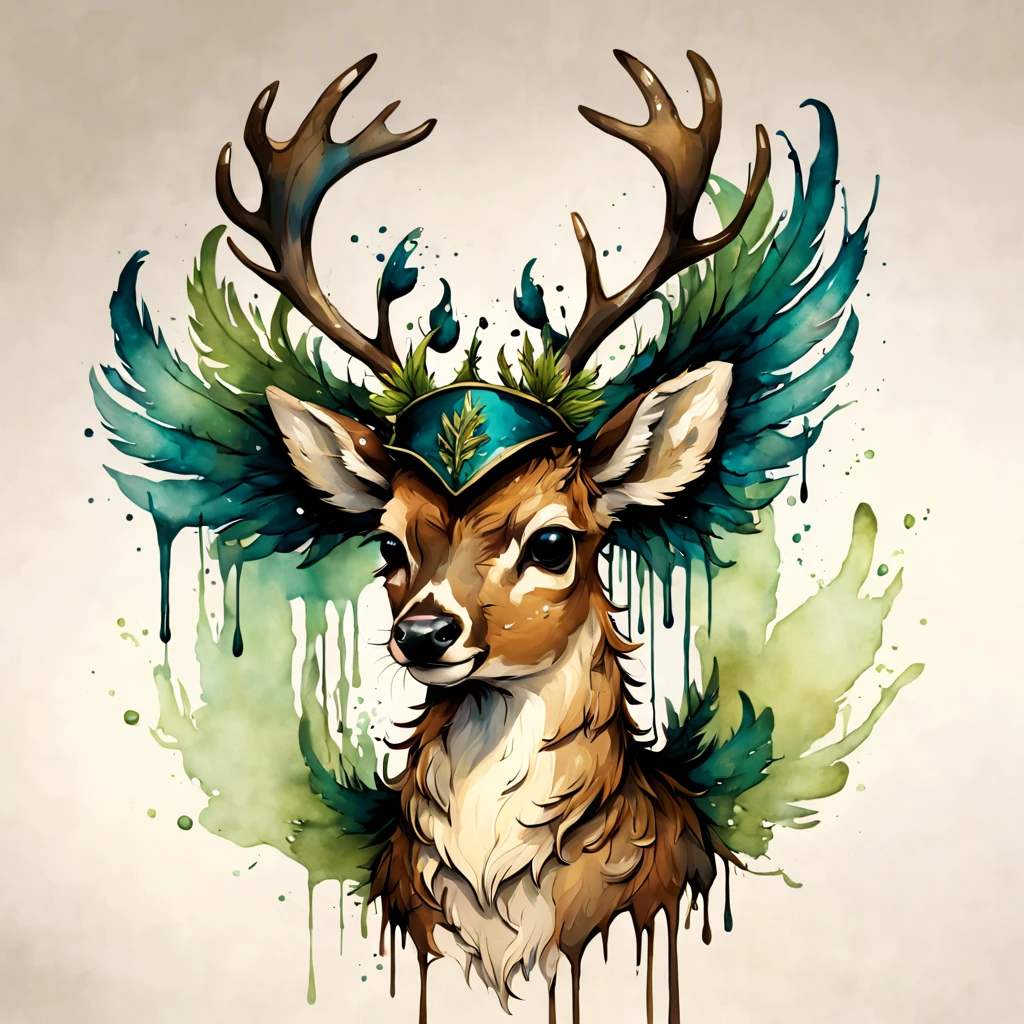 deer with brown fur and cream feathers with feathered wings and dark green feathered cap and green-blue antlers made of snot that sweep back and droop down, in alcohol ink art style