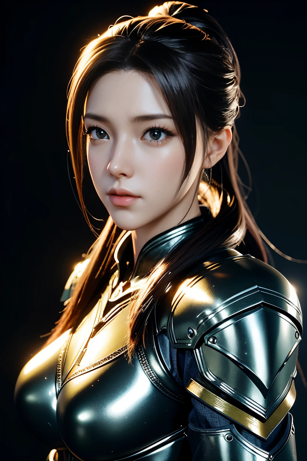 Game art，The best picture quality，Highest resolution，8K，((A bust photograph))，((Portrait))，(Rule of thirds)，Unreal Engine 5 rendering works， (The Girl of the Future)，(Female Warrior)，22-year-old girl，(A long ponytail hairstyle with shades of red and blue)，(A beautiful eye full of detail)，(Big breasts)，Elegant and charming，Smile，(frown)，(Clothes full of futuristic sci-fi style，Sweater，A delicate pattern，Glittering jewels，Armor)，Cyberpunk Characters，Future Style， Photo poses，Street background，Movie lights，Ray tracing，Game CG，((3D Unreal Engine))，oc rendering reflection pattern