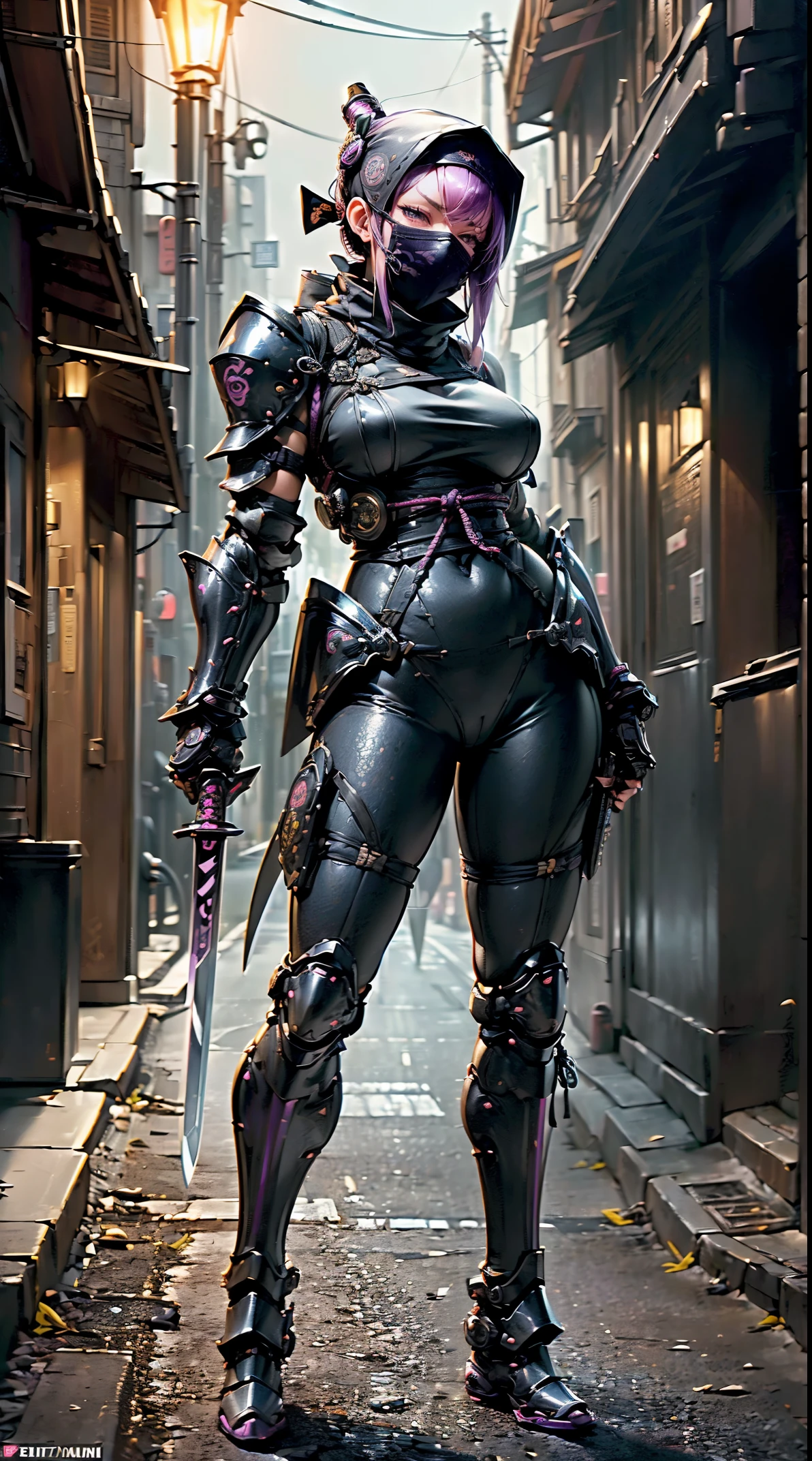 1 chica,(mesa,Muy detallado, mecanismo pesado, superficie dura),(arte conceptual:1.1),(Estilo Taimanin Asagi:0.8), Una mujer con armadura de robot ninja atando un sello,(Armadura completa:1.4),(máscara ninja táctica:1.5),(cuerpo morado:1.1),(Piernas largas:1.1),(Equipado con una espada en la espalda.:1.3),(pechos grandes:1.2),(constricción),(Ojo detallado:1.3),(cara detallada:1.3),(Detalles del arma:1.3),(cuerpo detallado:1.3),((Esbian de cuerpo completo:1.5)),(El fondo es una esquina de la calle por la noche.:1.5),Dinámico