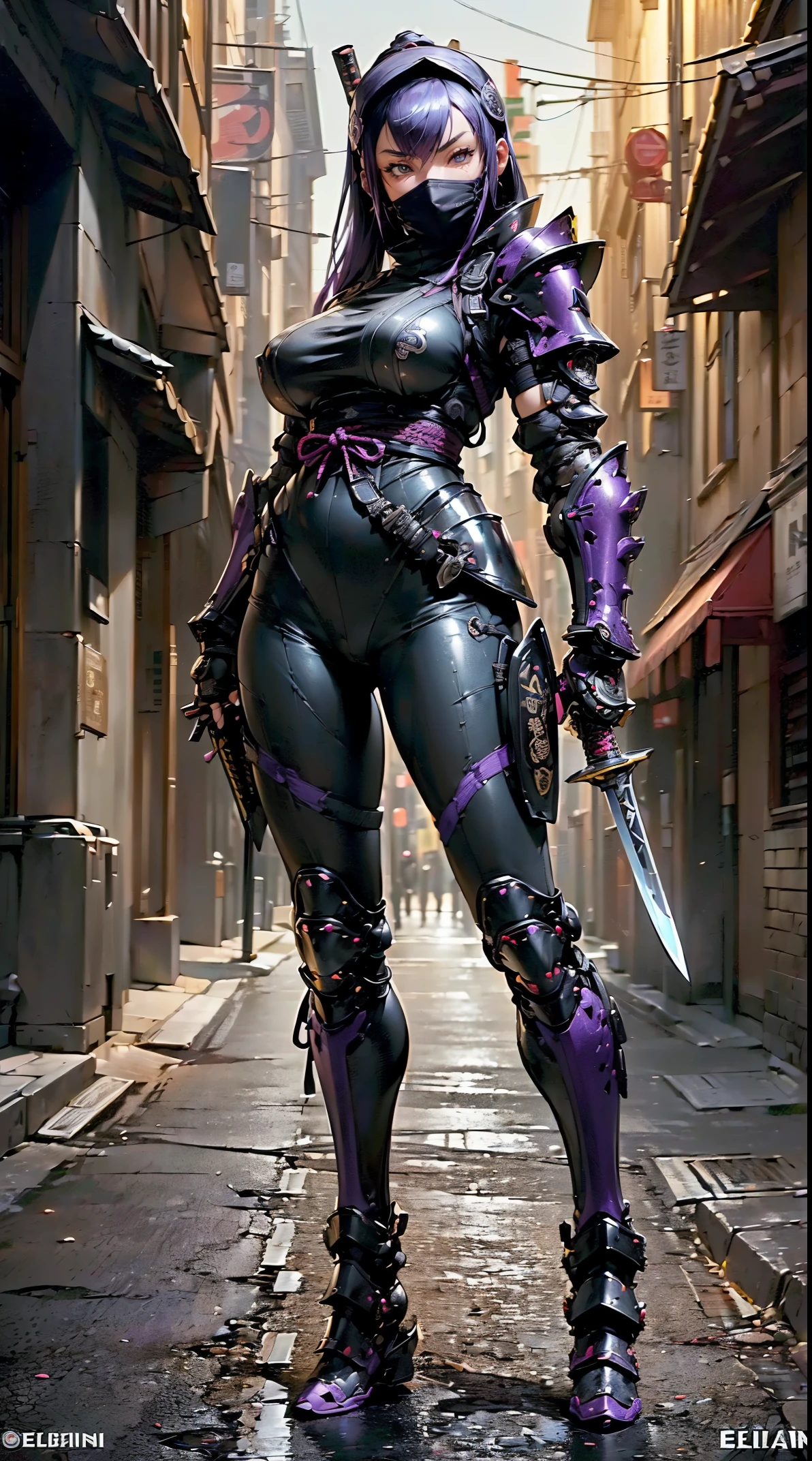 1fille,(dessus de la table,Très détaillé, mécanisme lourd, surface dure),(art conceptuel:1.1),(À la manière de Taimanin Asagi:0.8), Une femme portant une armure de robot ninja attachant un sceau,(armure complète:1.4),(masque de ninja tactique:1.5),(corps violet:1.1),(Longues jambes:1.1),(Equipé d&#39;une épée dans le dos:1.3),(gros seins:1.2),(constriction),(oeil détaillé:1.3),(visage détaillé:1.3),(Détails de l&#39;arme:1.3),(Corps détaillé:1.3),((Esbian complet du corps:1.5)),(Le fond est un coin de rue la nuit:1.5),Vivant