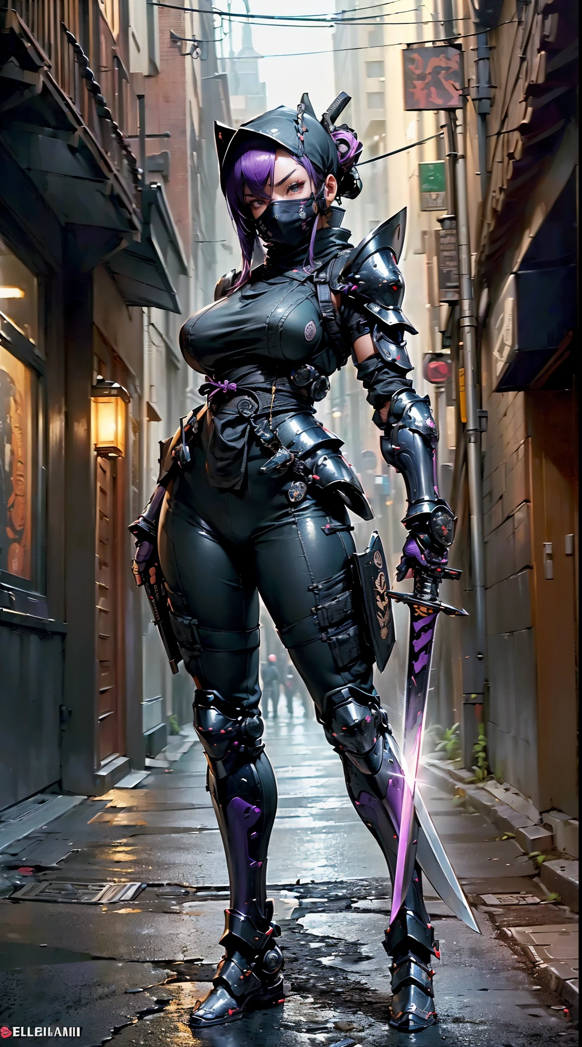 1girl,(table top,very detailed, heavy mechanism, hard surface),(concept art:1.1),(Taimanin Asagi style:0.8), A woman wearing ninja robot armor tying a seal,(full armor:1.4),(tactical ninja mask:1.5),(Purple body:1.1),(long legs:1.1),(Equipped with a sword on the back:1.3),(big breasts:1.2),(constriction),(detailed eye:1.3),(detailed face:1.3),(weapon details:1.3),(detailed body:1.3),((full body esbian:1.5)),(The background is a street corner at night:1.5),lively