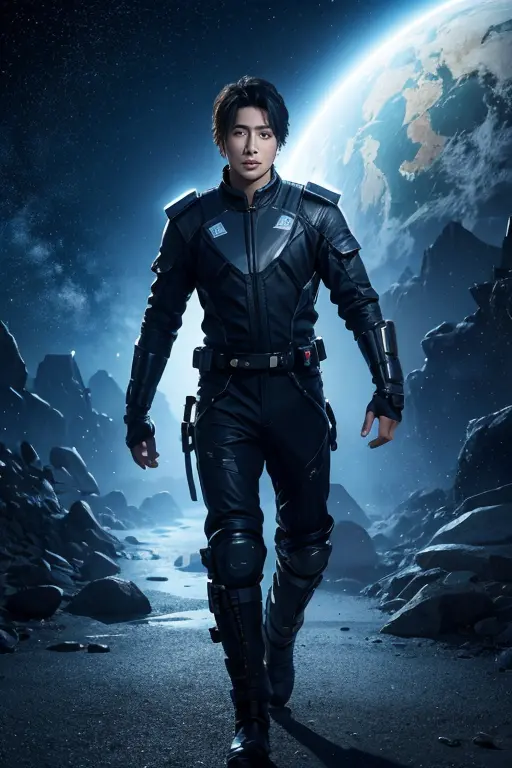 future technology，space adventurer，Male Asian celebrity in his 30s has a very handsome face，Wearing sci-fi gear，Travel through v...
