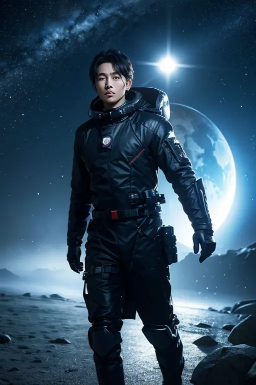 future technology，space adventurer，Male Asian celebrity in his 30s has a very handsome face，Wearing sci-fi gear，Travel through v...