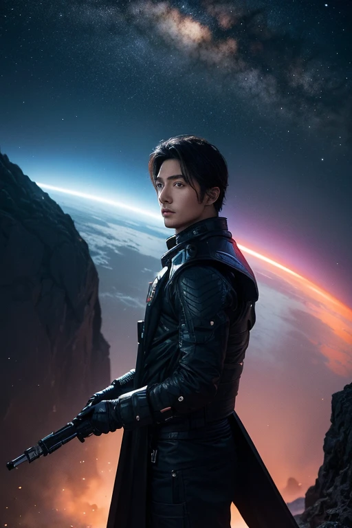 future technology，space adventurer，Male Asian celebrity in his 30s has a very handsome face，Wearing sci-fi gear，Travel through various parallel universes
