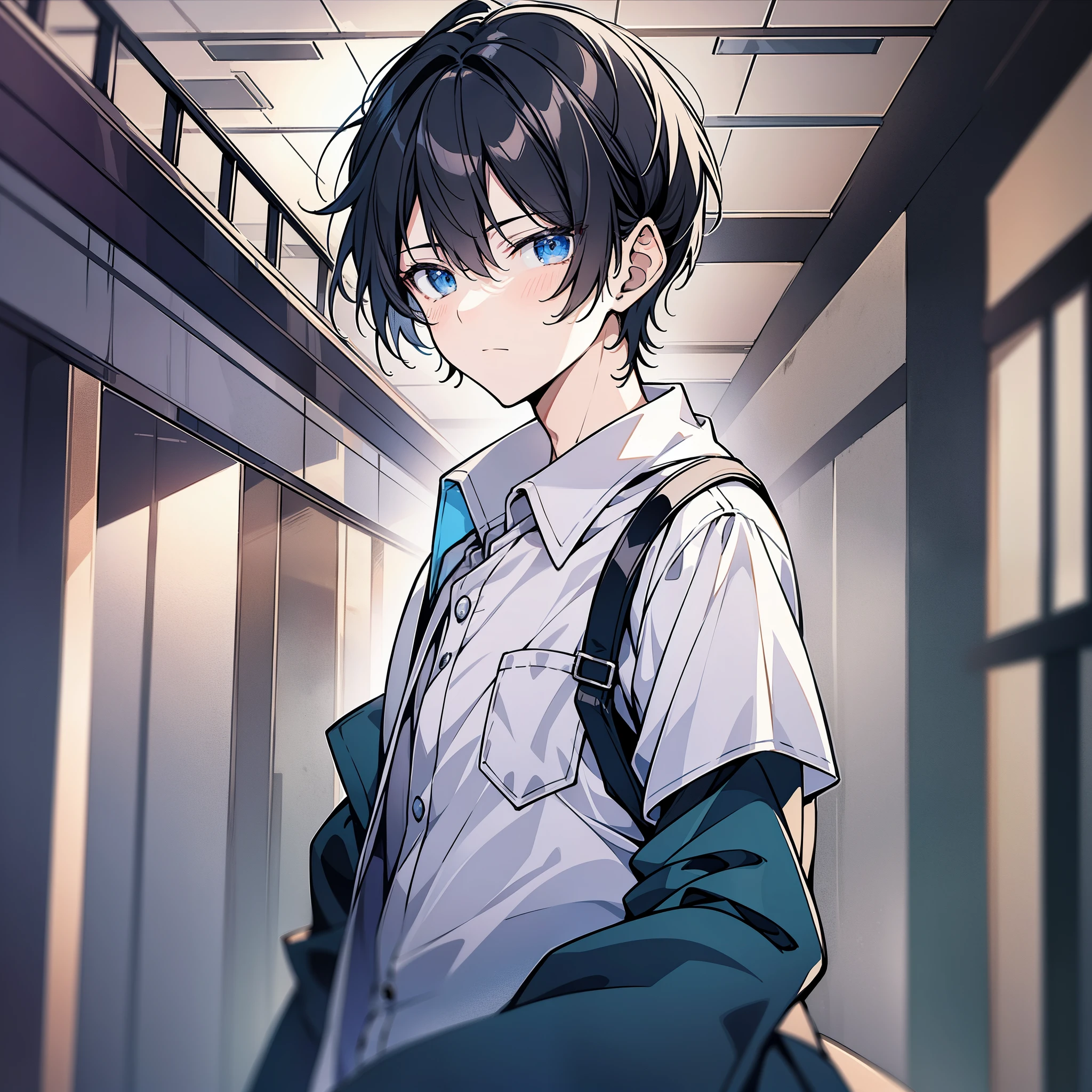 Anime boy with blue eyes and backpack in hallway - SeaArt AI