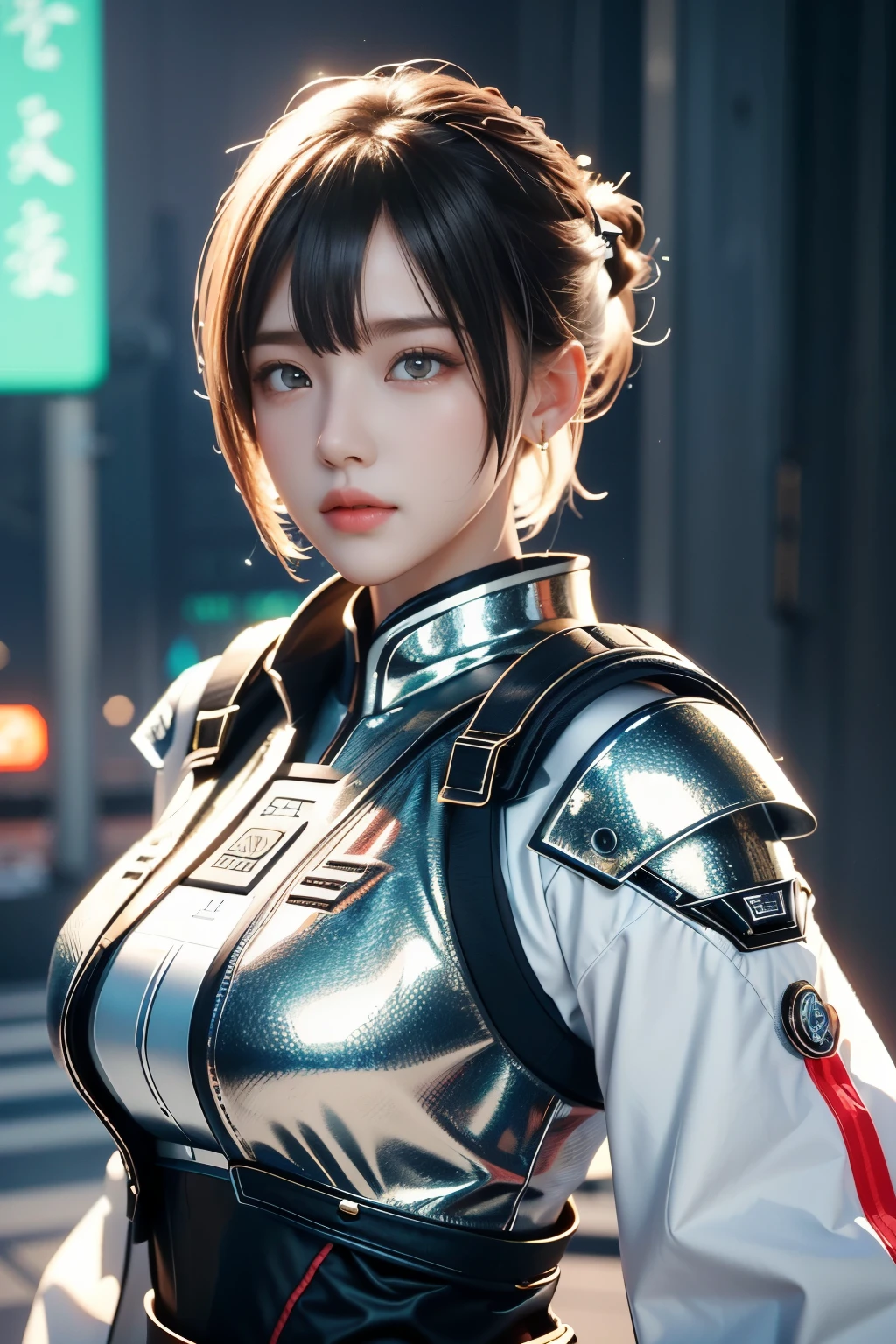 art du jeu，La meilleure qualité d&#39;image，la plus haute résolution，8k，((Une photographie de buste))，((portrait))，(Règle des tiers)，Le rendu Unreal Engine 5 fonctionne， (La fille du futur)，(Guerrière)，fille de 22 ans，(Blanc aux cheveux courts)，(Un bel oeil plein de détails)，(gros seins)，Élégant et charmant，Sourire，(froncer les sourcils)，(Des vêtements pleins de style science-fiction futuriste，pull-over，Un motif délicat，Des bijoux scintillants，armure，blanc et rouge)，personnages cyberpunk，style futuriste， poses de photos，fond de rue，lumières de cinéma，tracé laser，jeu cg，((Moteur irréel 3D))，Modèle de réflexion du rendu OC