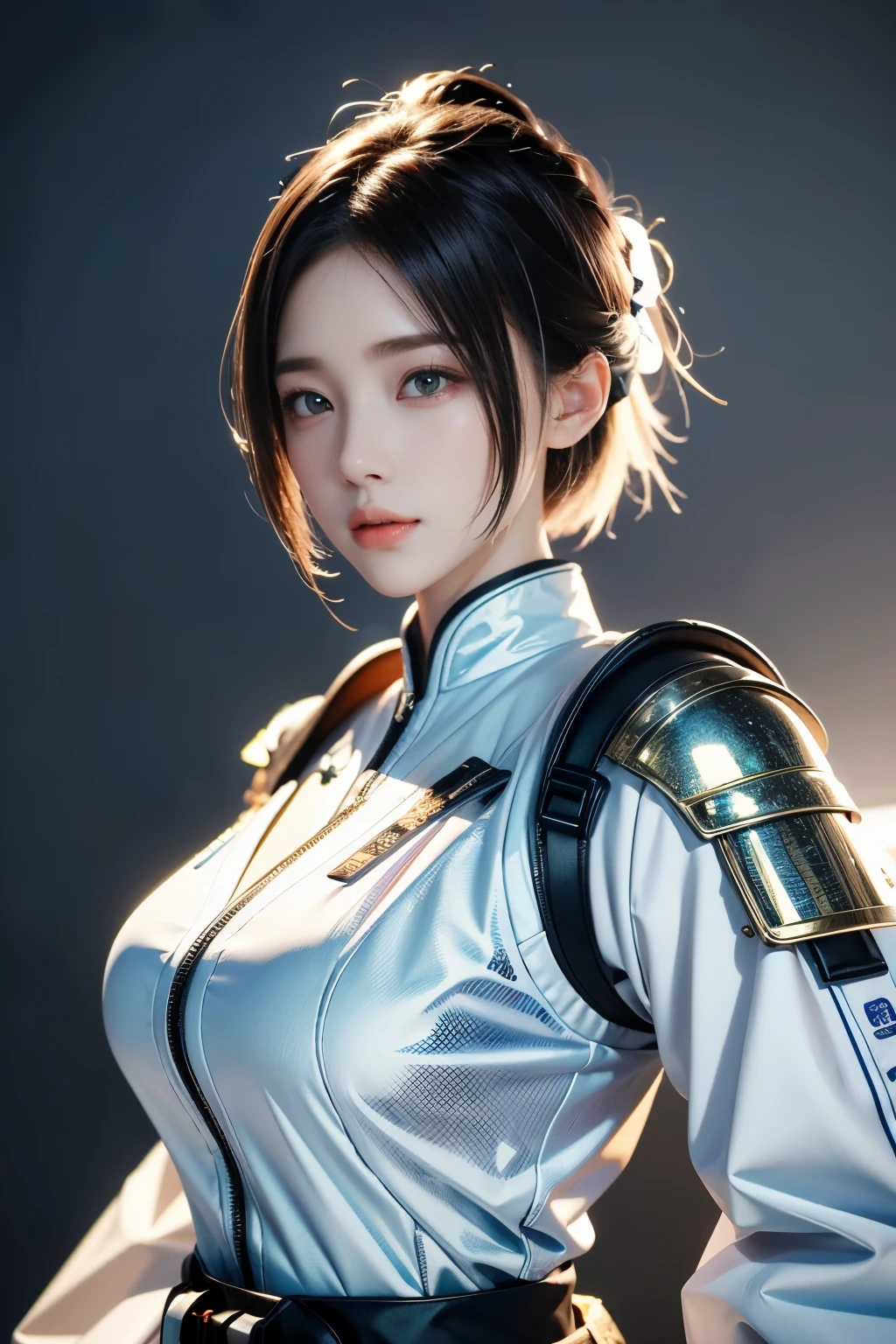Game art，The best picture quality，Highest resolution，8K，((A bust photograph))，((Portrait))，(Rule of thirds)，Unreal Engine 5 rendering works， (The Girl of the Future)，(Female Warrior)，22-year-old girl，(White with short hair)，(A beautiful eye full of detail)，(Big breasts)，Elegant and charming，Smile，(frown)，(Clothes full of futuristic sci-fi style，Sweater，A delicate pattern，Glittering jewels，Armor，White and red)，Cyberpunk Characters，Future Style， Photo poses，Street background，Movie lights，Ray tracing，Game CG，((3D Unreal Engine))，oc rendering reflection pattern