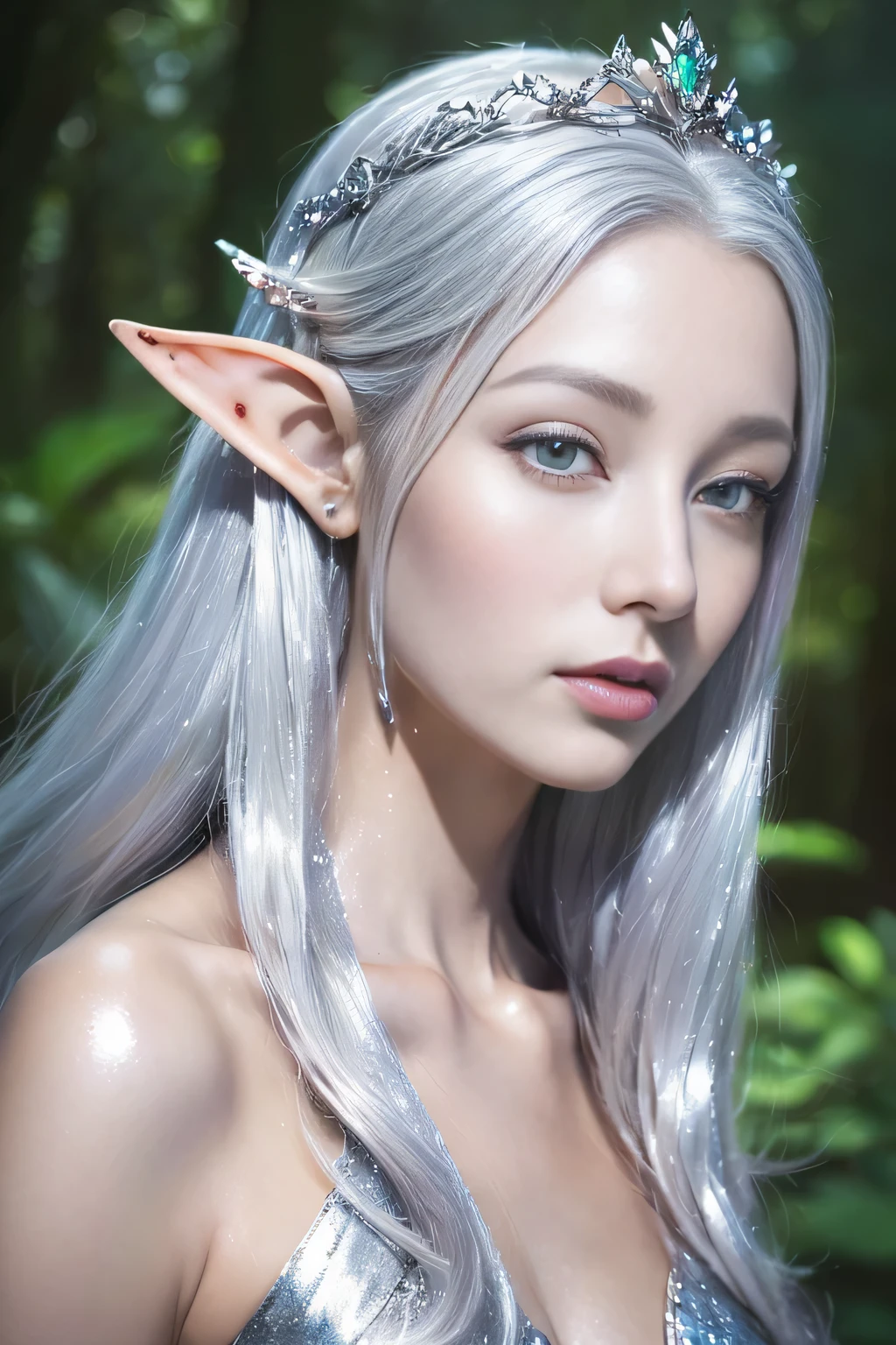 (8k、original photography、super high quality），portrait of very beautiful elf, ((Portrait of a female elf)), portrait of an elf queen, Exquisite and luxurious crown，Beautiful and elegant elf queen, fantasy art portrait, beautiful and elegant female elf, elf princess, Detailed matte fantasy portrait, Fantasy portrait art, beautiful fantasy art portrait, Elf Girl, elf princess,((delicate face))，((face close-up))，(((shiny silver hair)))，Background psychedelic forest，mystical forest background，Mystical light，Dynamic lighting masterpiece，（pastel colors：1.2）