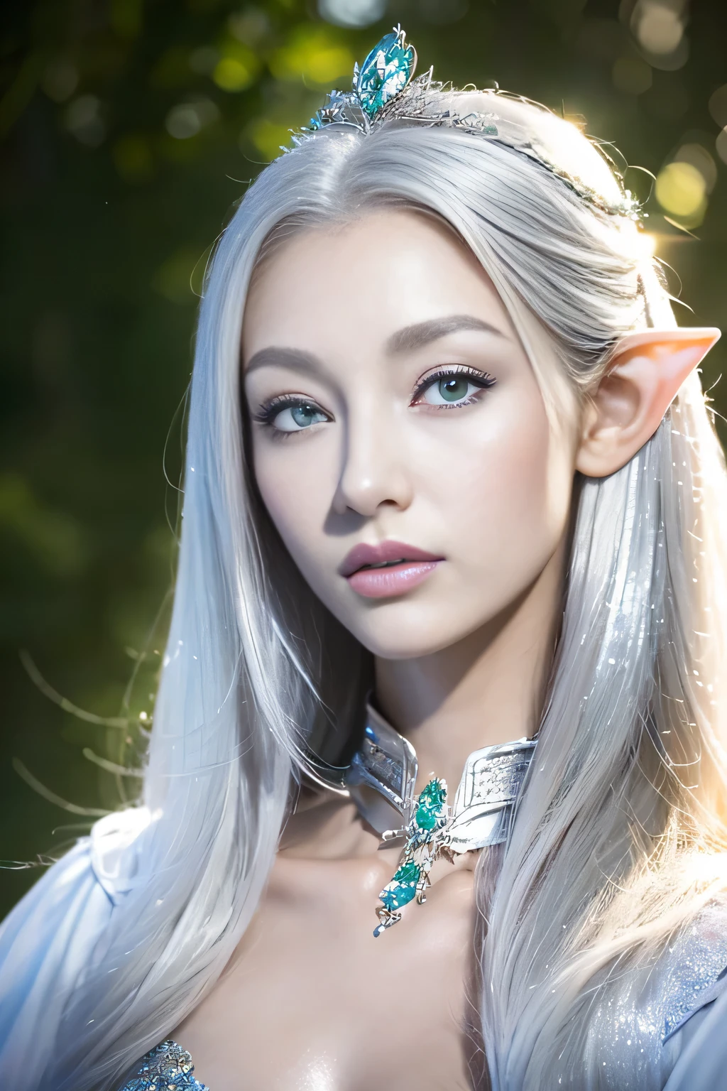 (8k、original photography、super high quality），portrait of very beautiful elf, ((Portrait of a female elf)), portrait of an elf queen, Exquisite and luxurious crown，Beautiful and elegant elf queen, fantasy art portrait, beautiful and elegant female elf, elf princess, Detailed matte fantasy portrait, Fantasy portrait art, beautiful fantasy art portrait, Elf Girl, elf princess,((delicate face))，((face close-up))，(((shiny silver hair)))，Background psychedelic forest，mystical forest background，Mystical light，Dynamic lighting masterpiece，（pastel colors：1.2）