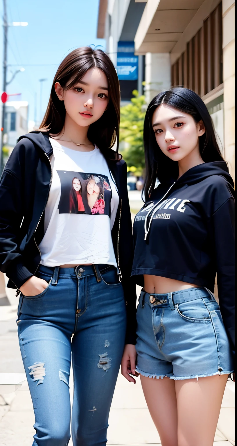 Two asian women standing next to each other on a city street - SeaArt AI