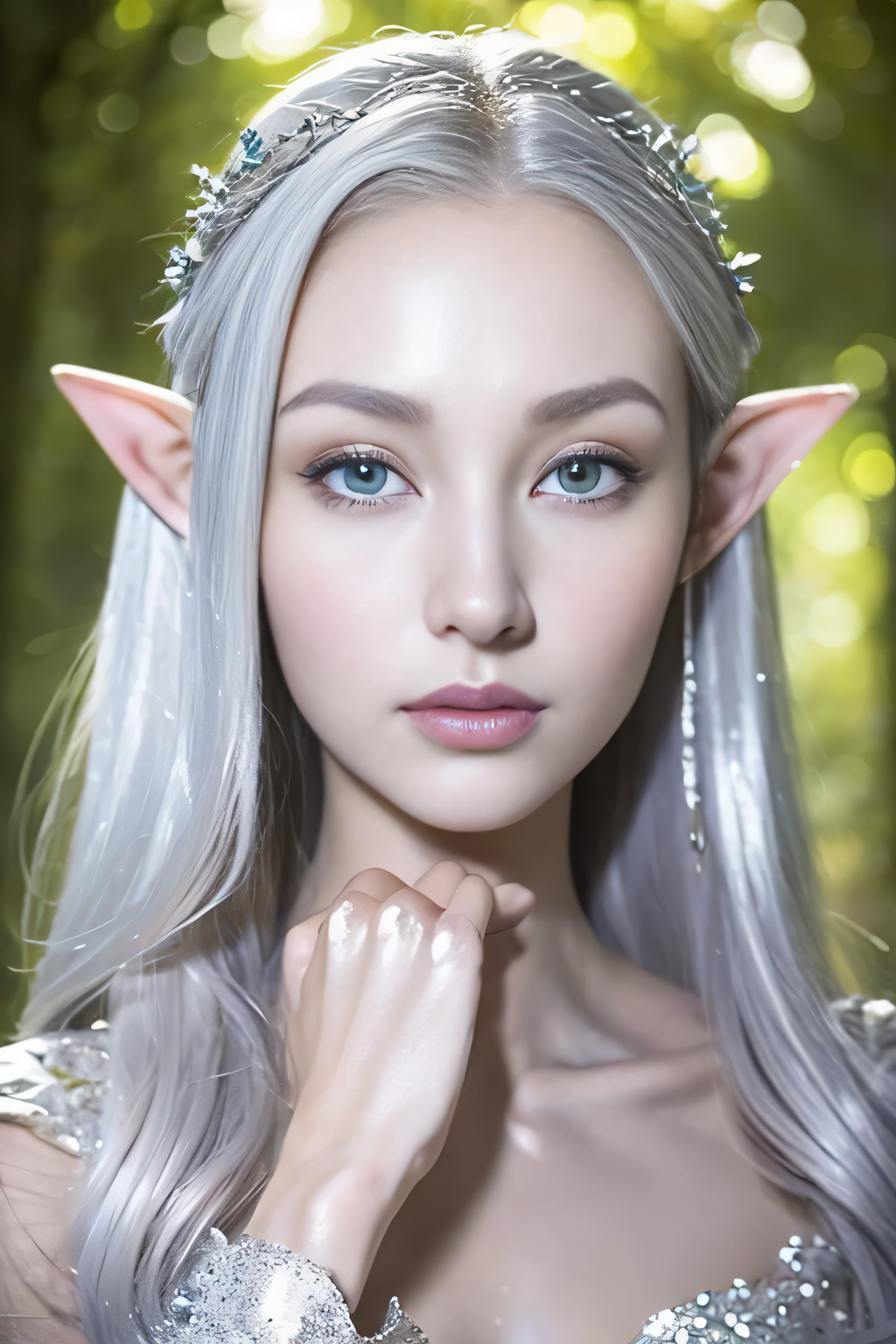 (8k、original photography、super high quality），portrait of very beautiful elf, ((Portrait of a female elf)), portrait of an elf queen, Exquisite and luxurious crown，Beautiful and elegant elf queen, fantasy art portrait, beautiful and elegant female elf, elf princess, Detailed matte fantasy portrait, Fantasy portrait art, beautiful fantasy art portrait, Elf Girl, elf princess,((delicate face))，((face close-up))，(((shiny silver hair)))，Background psychedelic forest，mystical forest background，Mystical light，Dynamic lighting masterpiece，（pastel colors：1.2）