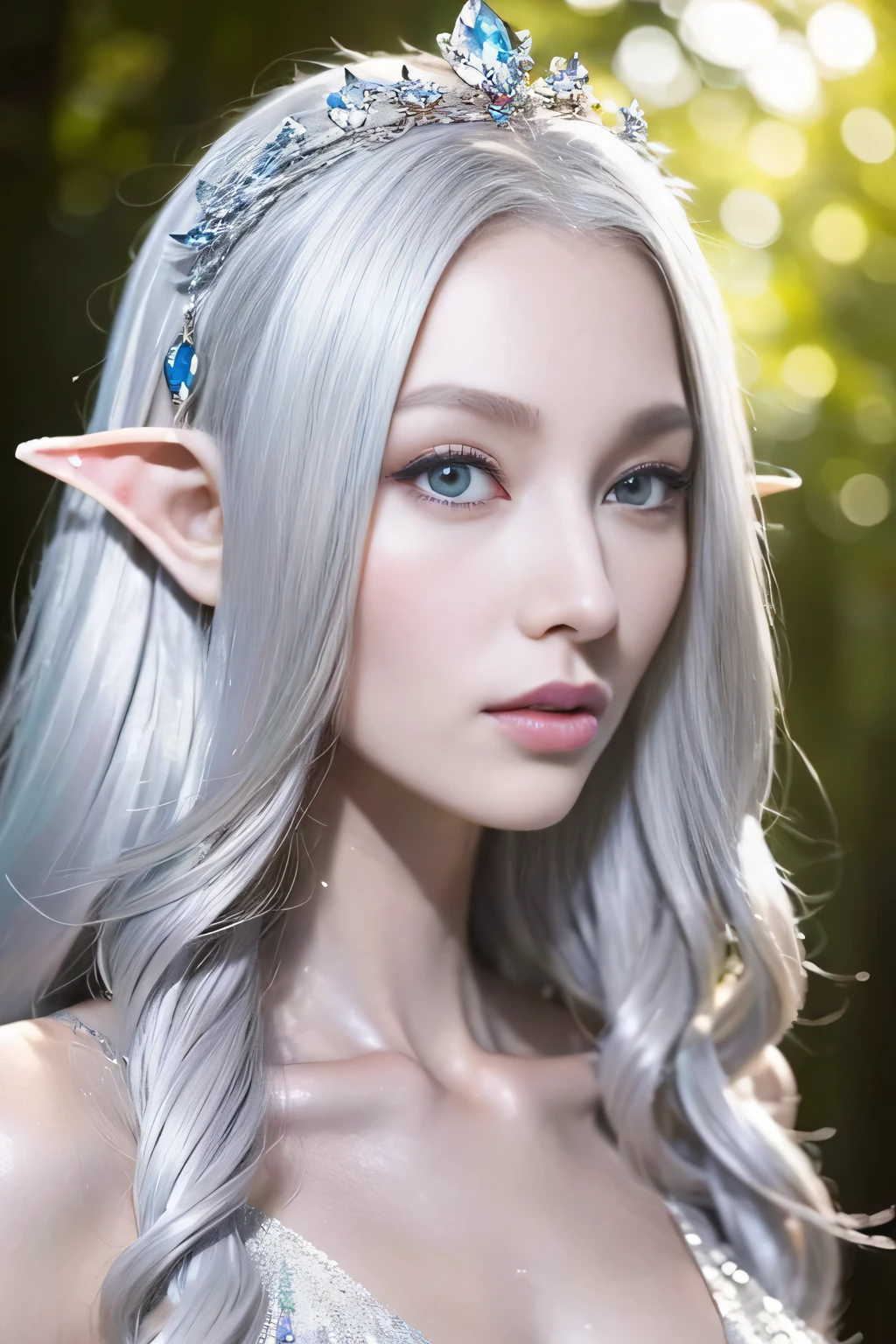 (8k、original photography、super high quality），portrait of very beautiful elf, ((Portrait of a female elf)), portrait of an elf queen, Exquisite and luxurious crown，Beautiful and elegant elf queen, fantasy art portrait, beautiful and elegant female elf, elf princess, Detailed matte fantasy portrait, Fantasy portrait art, beautiful fantasy art portrait, Elf Girl, elf princess,((delicate face))，((face close-up))，(((shiny silver hair)))，Background psychedelic forest，mystical forest background，Mystical light，Dynamic lighting masterpiece，（pastel colors：1.2）