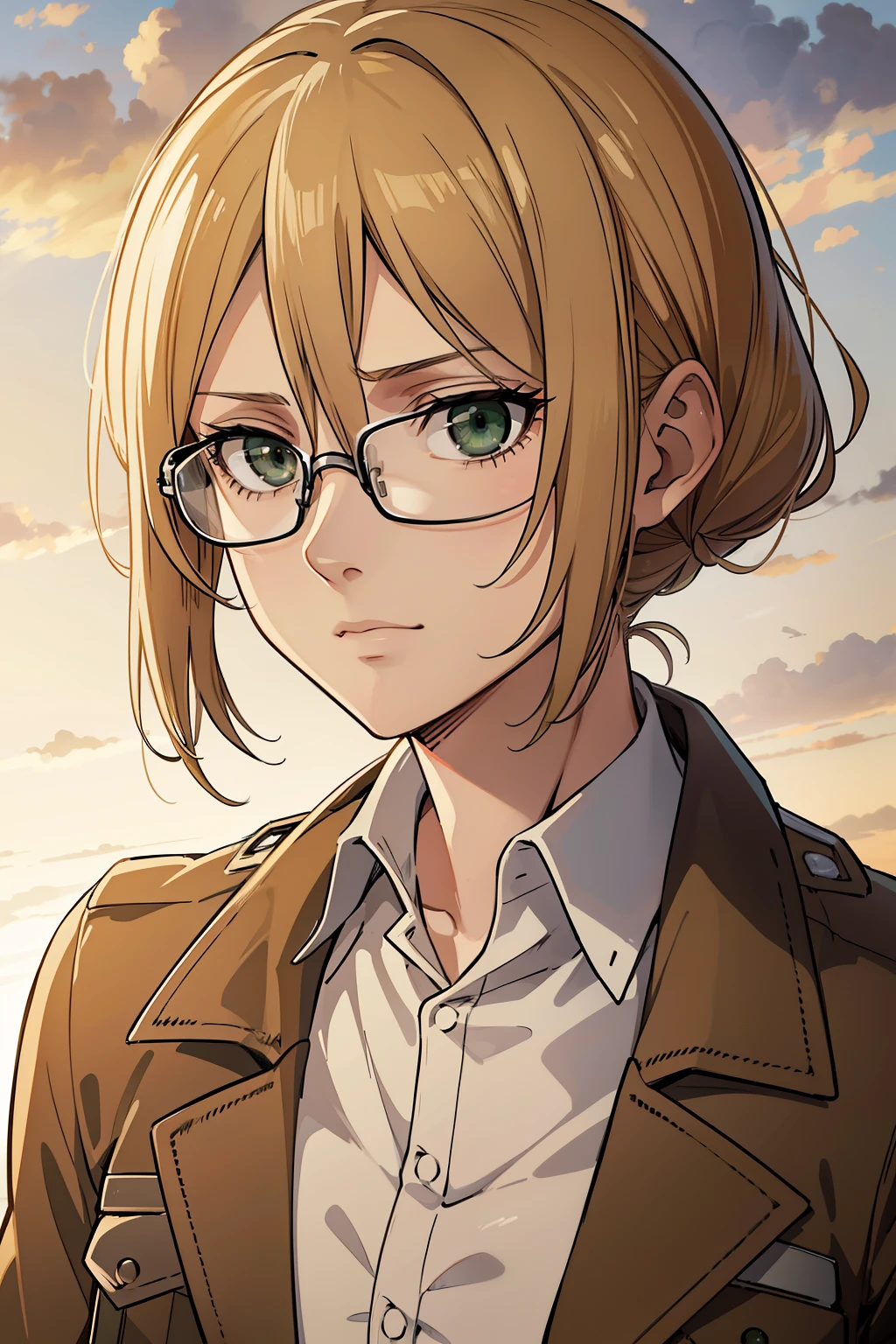 (high-quality, breathtaking),(expressive eyes, perfect face) 1female, girl , solo, young adult, medium length blonde hair, soft wavy hair, curley hair, brown eyes, military uniform, survey corps attack on titan, shingeki no kyoji, white shirt, brown jacket, green eyes, gentle smile, thin black frame glasses, gentle expression, pigtails, attack on titan art style
