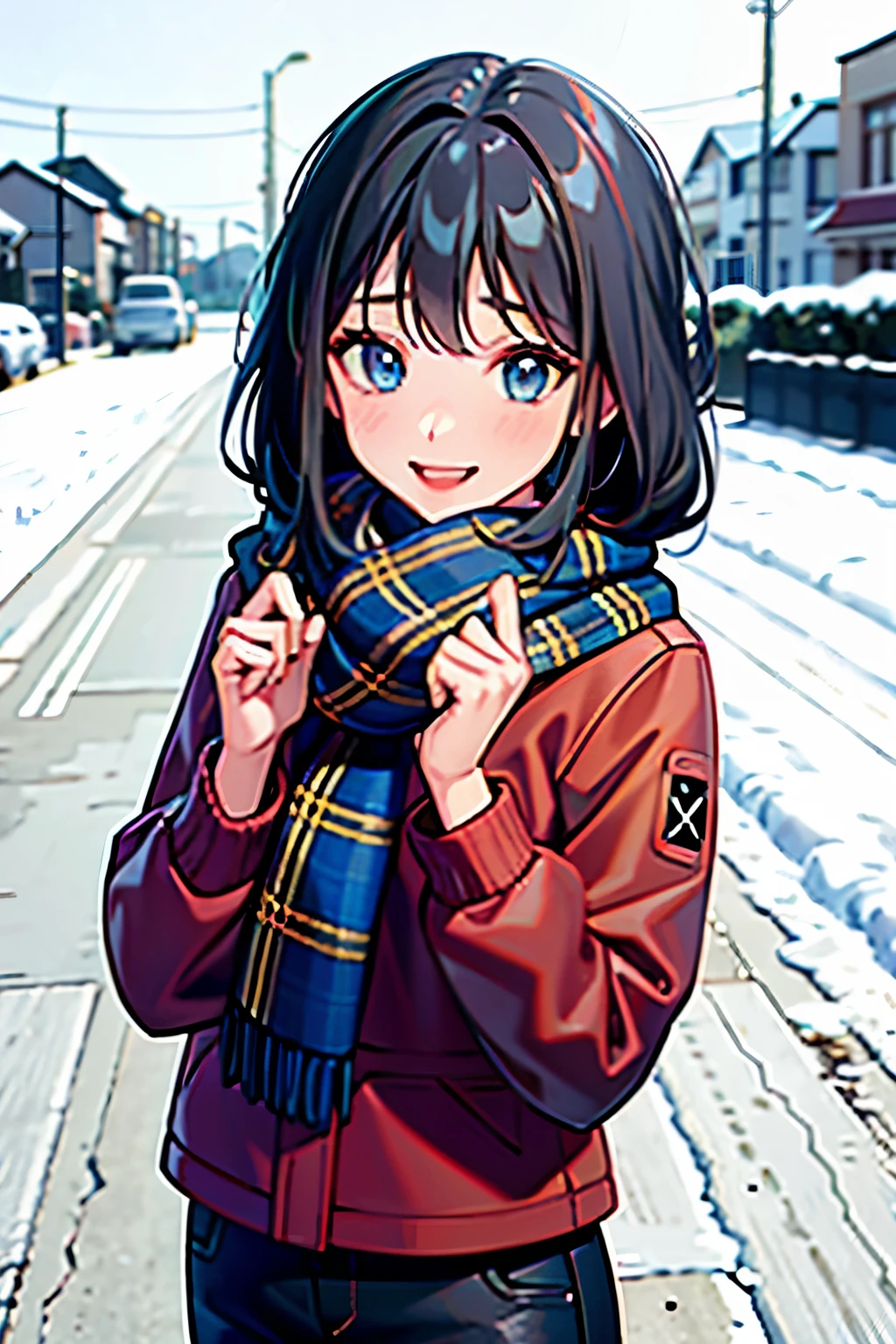 young girl, black hair long hair, blue eyes, shining blue eyes, wearing plaid yellow scarf, red jacket, black pants, looking at viewer, smiling, canada, rural city, thumbs up pose, in the snow, rural city, canada, snowed place,
