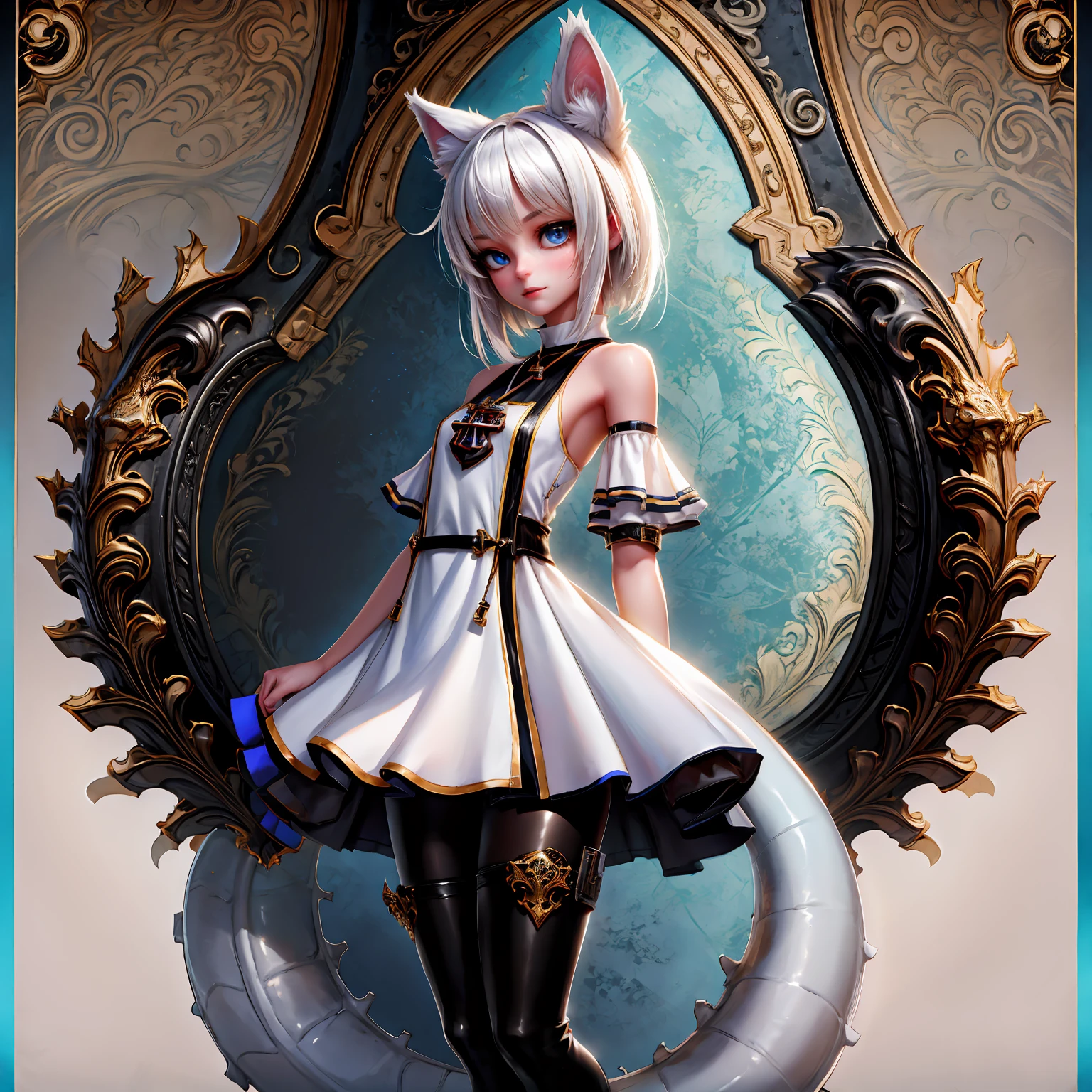 8k, resolution, high quality, high resolution, best quality, best resolution, absurd resolution, ray tracing, high detailed, masterpiece, extremely detailed,shoulder length white hair, female,white 2 wolf ears, teenage girl, slim body, white scale dragon tail,black boots,black leggings, school skirt, white jacket, medium size chest, detailed blue eyes, detailed beautiful face,solo female,1 dragon tail, detailed eyes, tomboyish