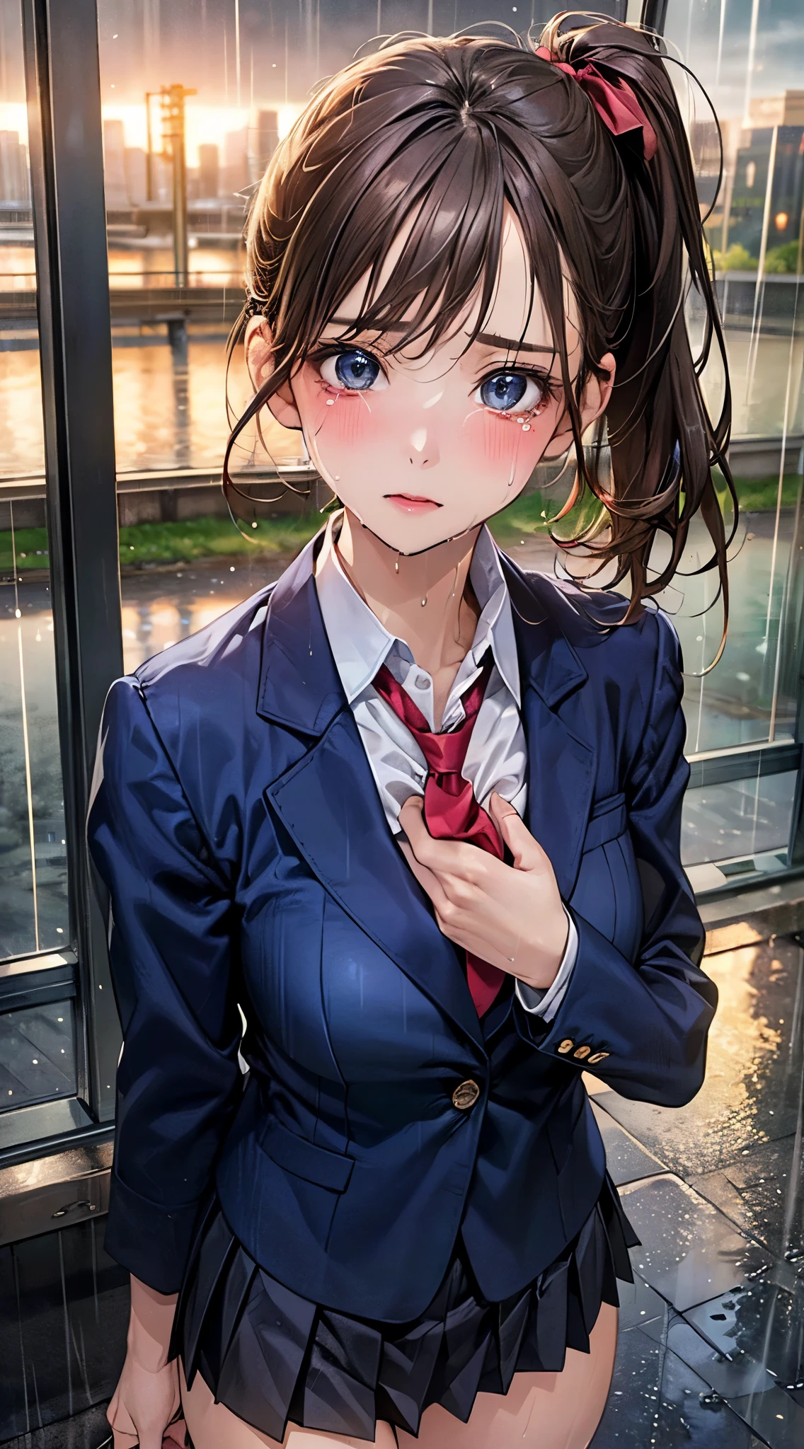 Anime girl dans un uniforme scolaire posant sous la pluie - SeaArt AI