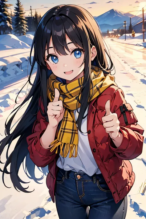 young girl, black hair long hair, blue eyes, shining blue eyes, wearing plaid yellow scarf, red jacket, black pants, looking at ...